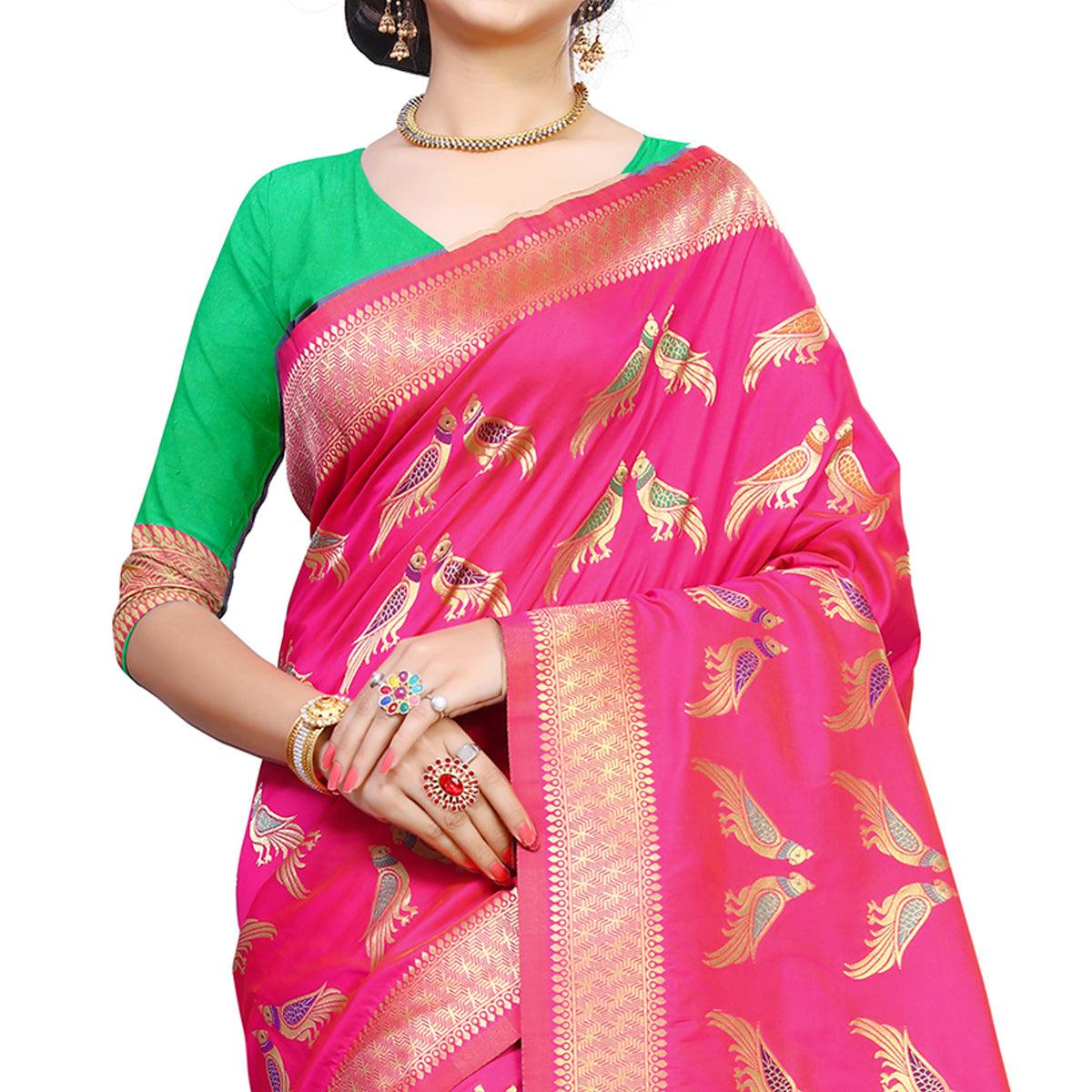 Ideal Pink Colored Festive Wear Woven Silk Saree - Peachmode