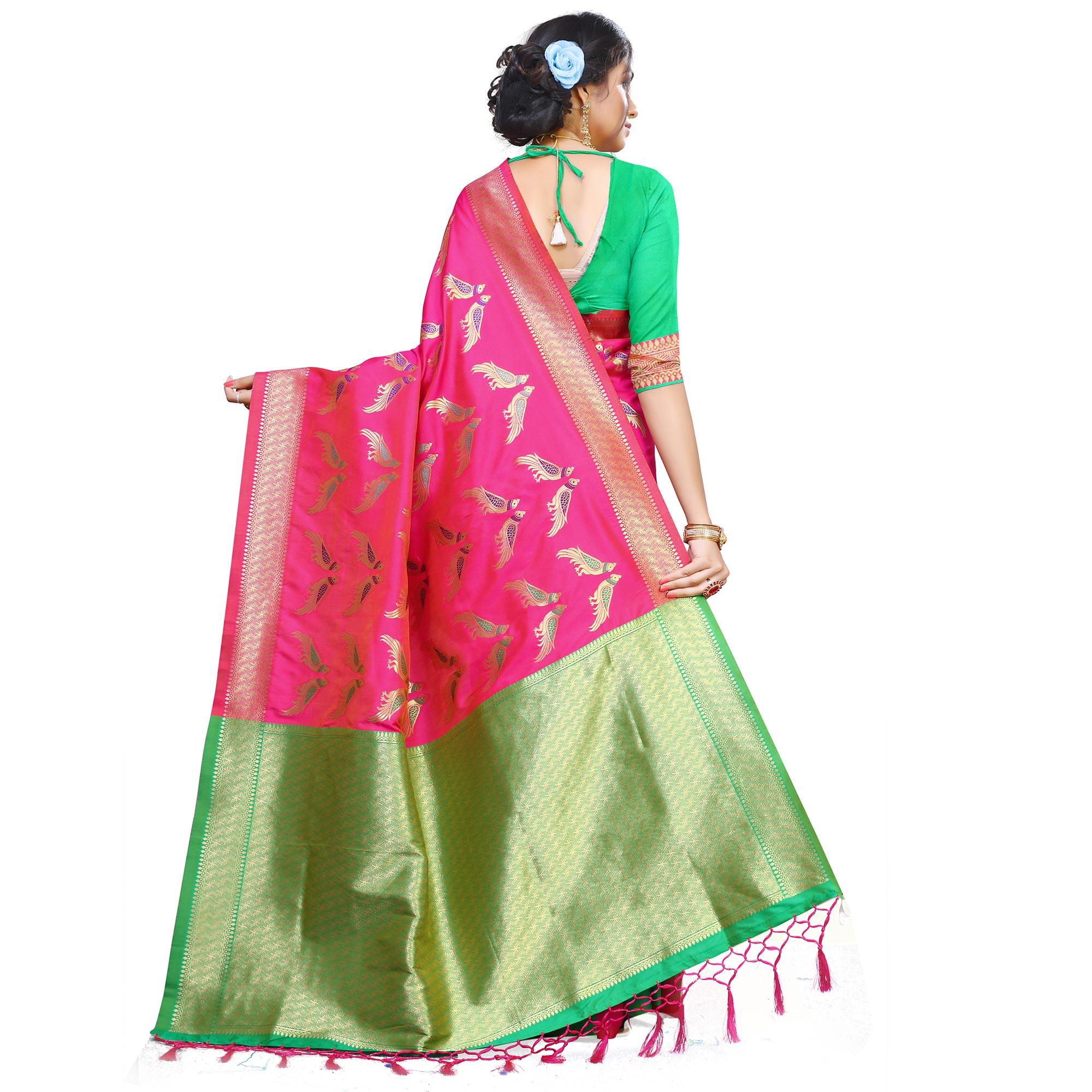 Ideal Pink Colored Festive Wear Woven Silk Saree - Peachmode