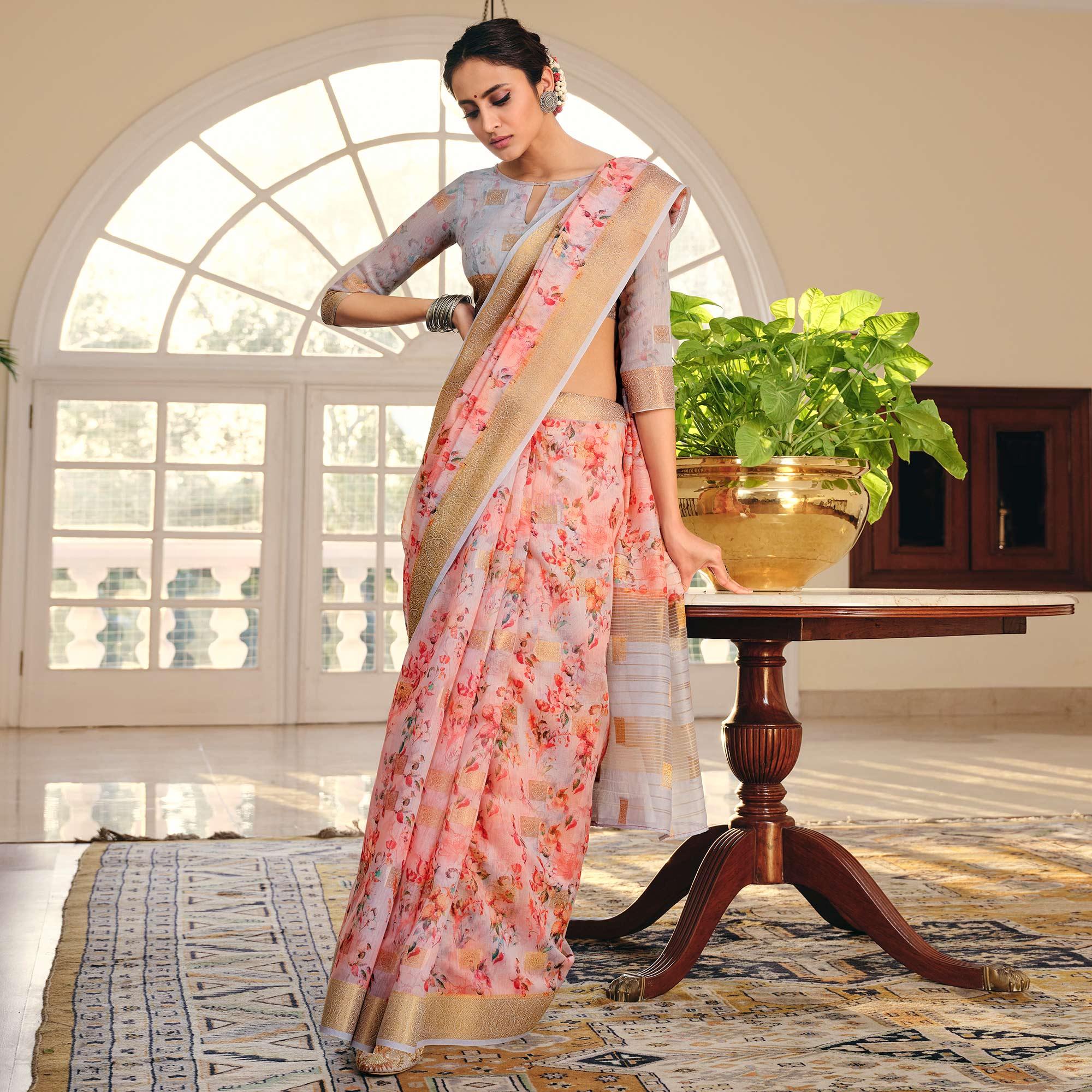 Ideal Pink Colored Party Wear Digital Printed Linen Saree - Peachmode