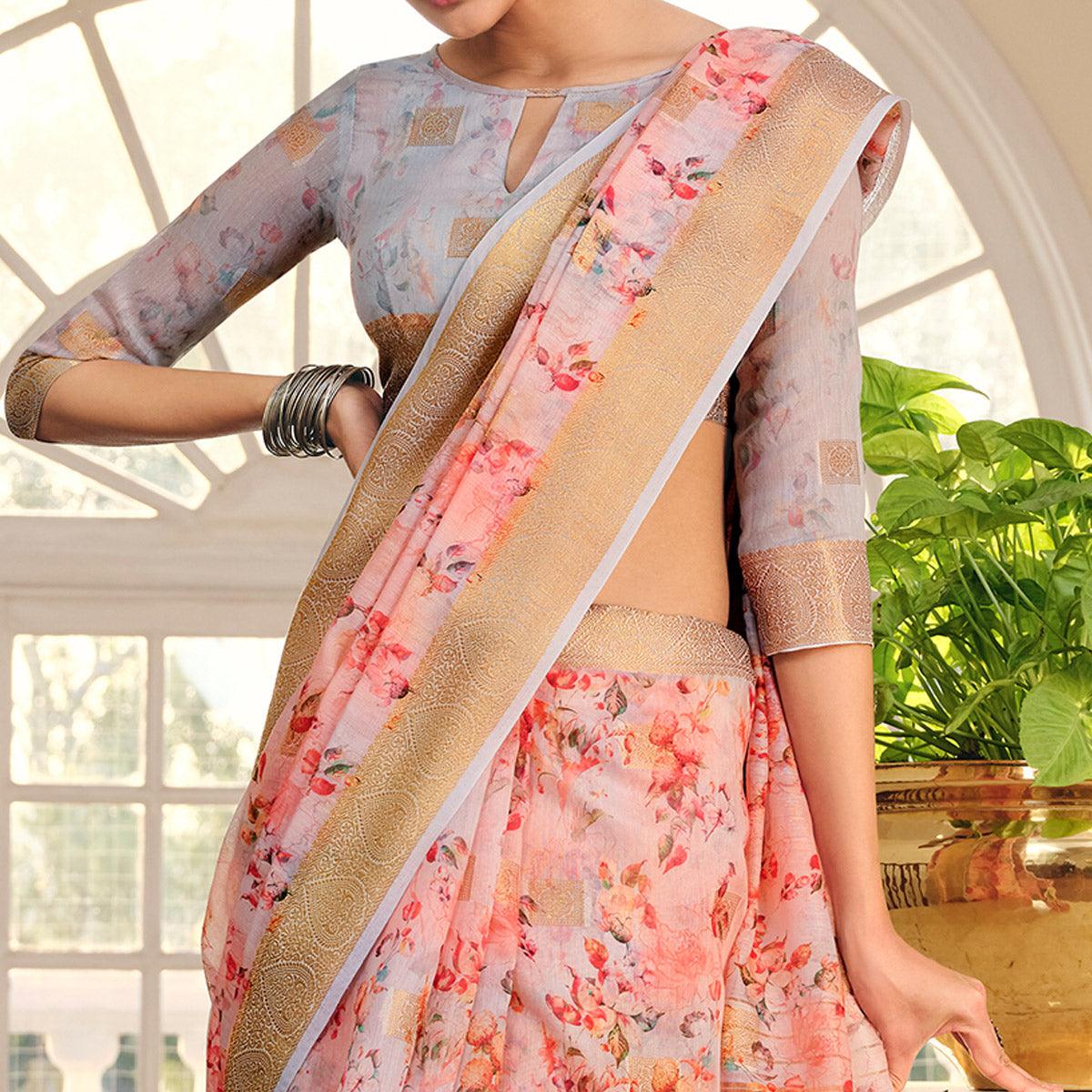 Ideal Pink Colored Party Wear Digital Printed Linen Saree - Peachmode