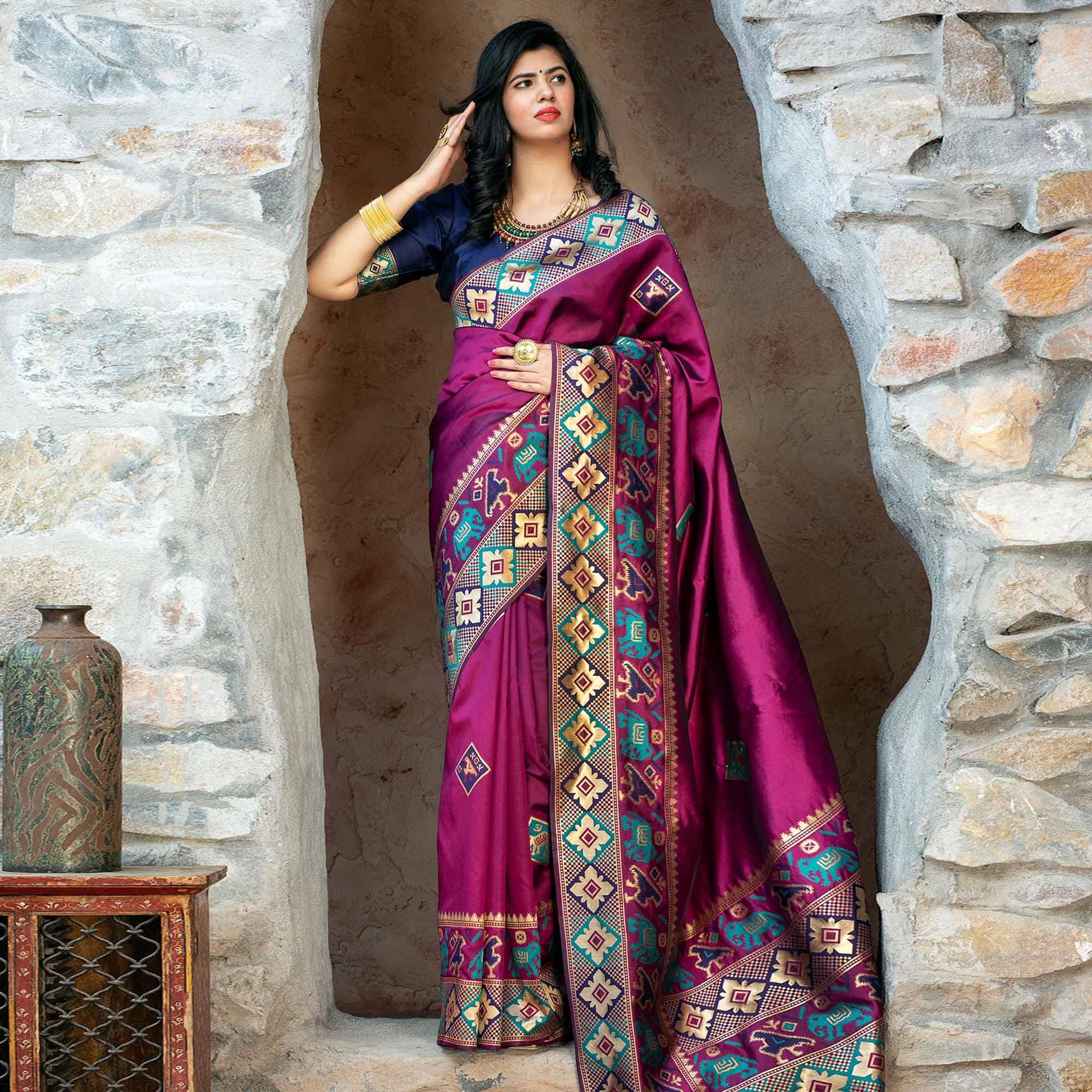 Ideal Purple Colored Festive Wear Woven Patola Silk Saree - Peachmode