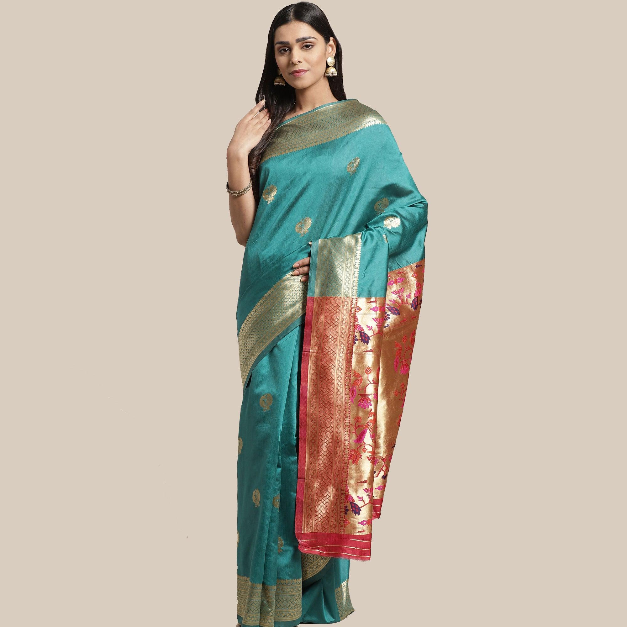 Ideal Rama Green Colored Festive Wear Woven Silk Blend Saree - Peachmode