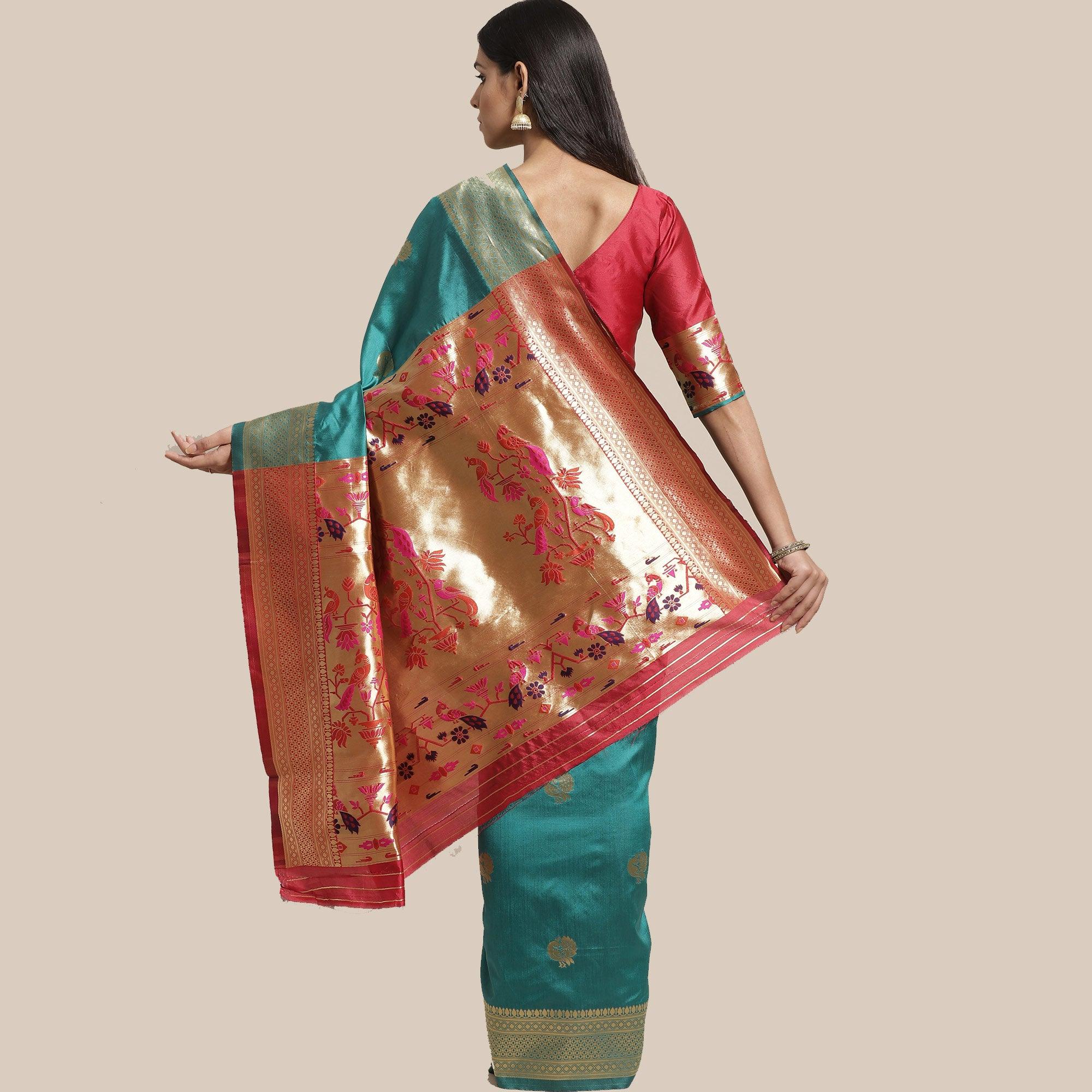 Ideal Rama Green Colored Festive Wear Woven Silk Blend Saree - Peachmode