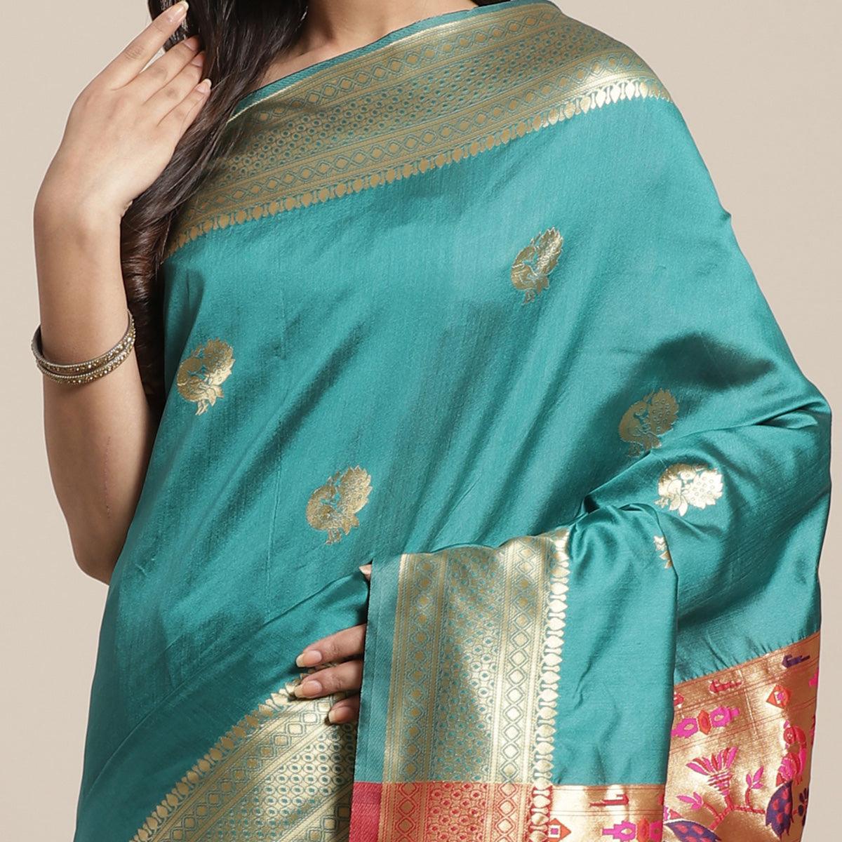 Ideal Rama Green Colored Festive Wear Woven Silk Blend Saree - Peachmode