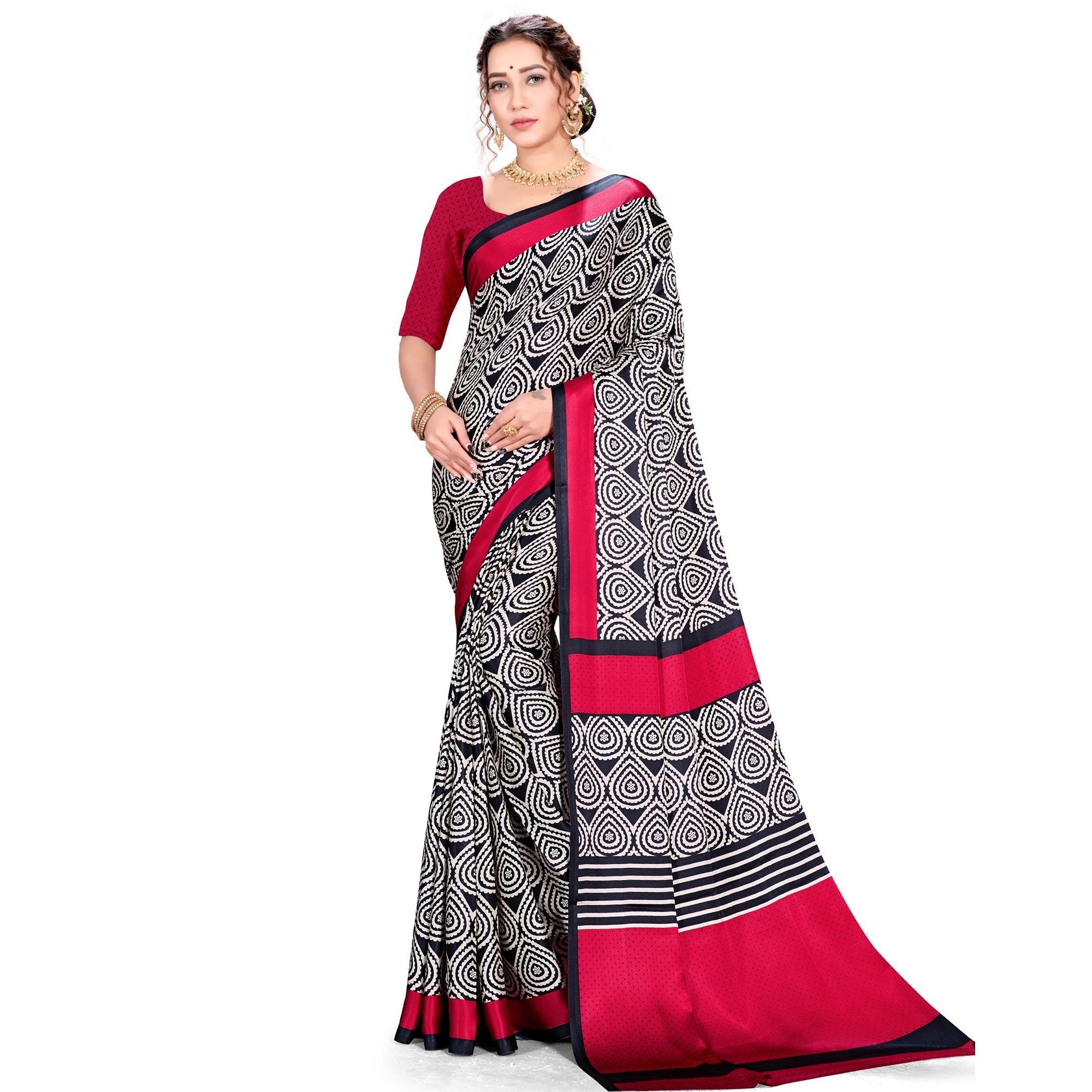 Ideal Red-Black Colored Festive Wear Printed Satin Crepe Saree - Peachmode