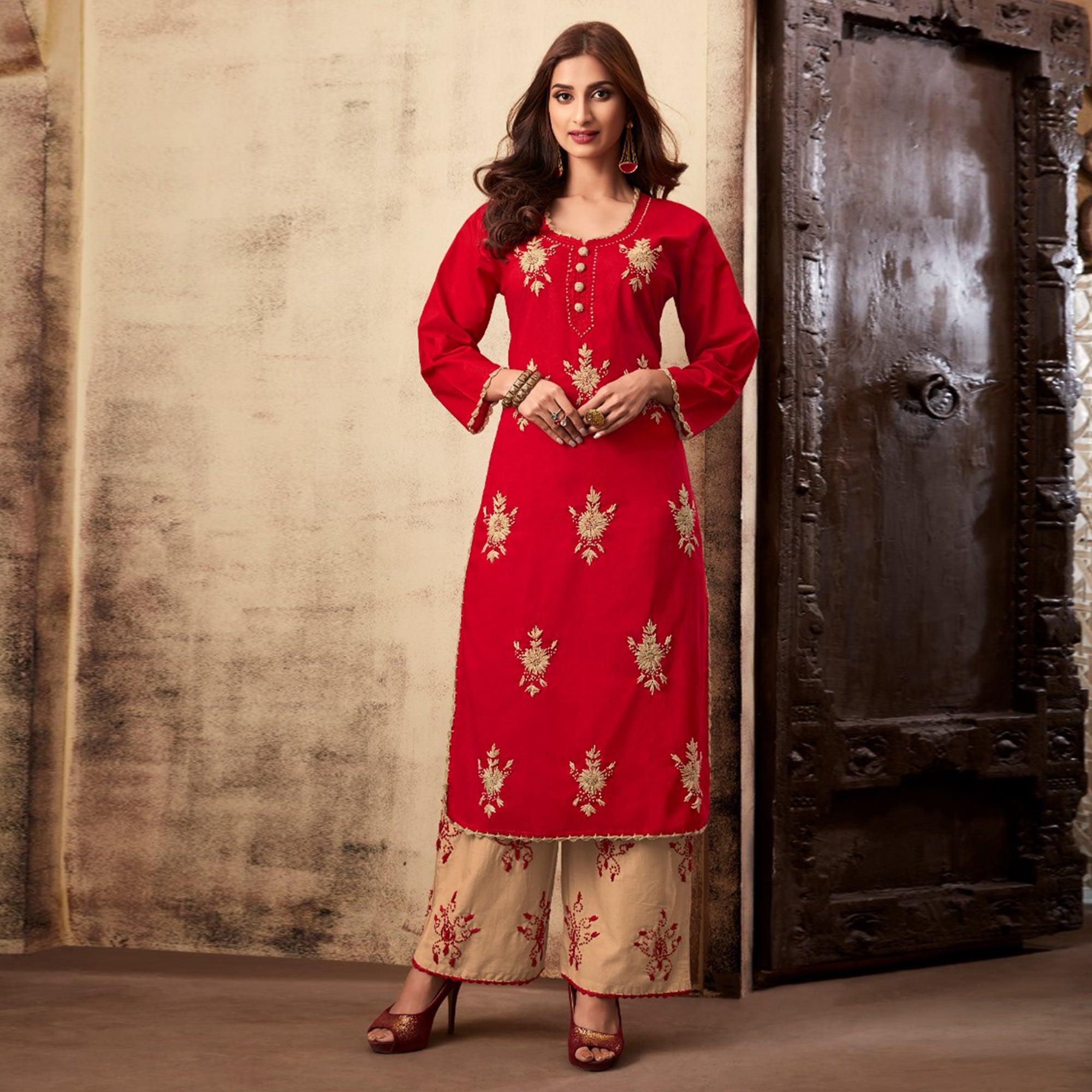 Ideal Red Colored Casual Wear Embroidered Rayon Kurti Palazzo Set - Peachmode