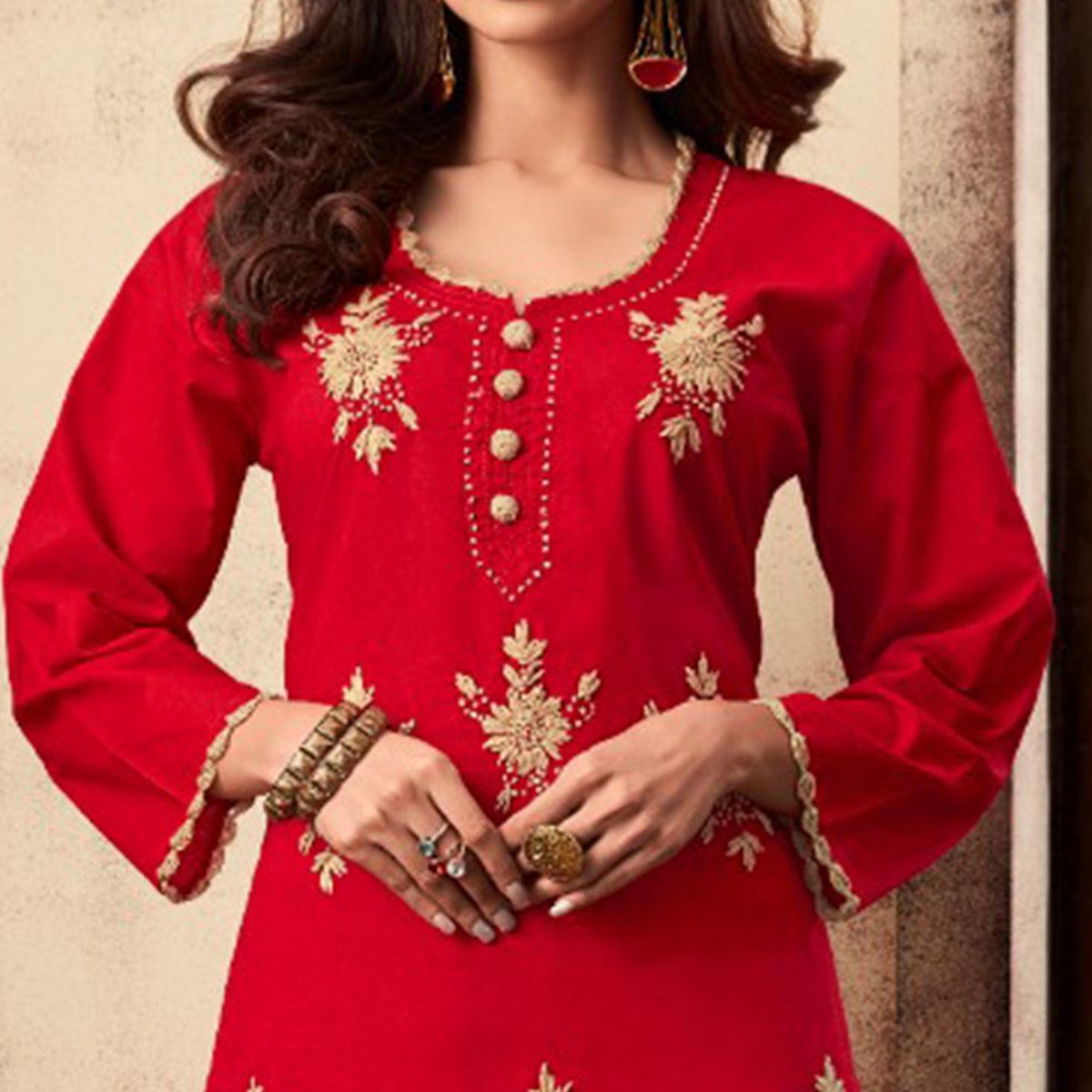 Ideal Red Colored Casual Wear Embroidered Rayon Kurti Palazzo Set - Peachmode