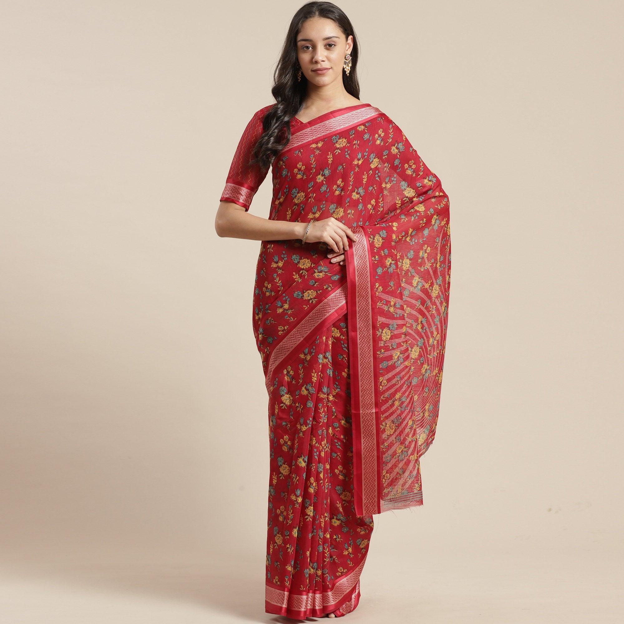 Ideal Red Colored Casual Wear Floral Printed Cotton Silk Saree - Peachmode