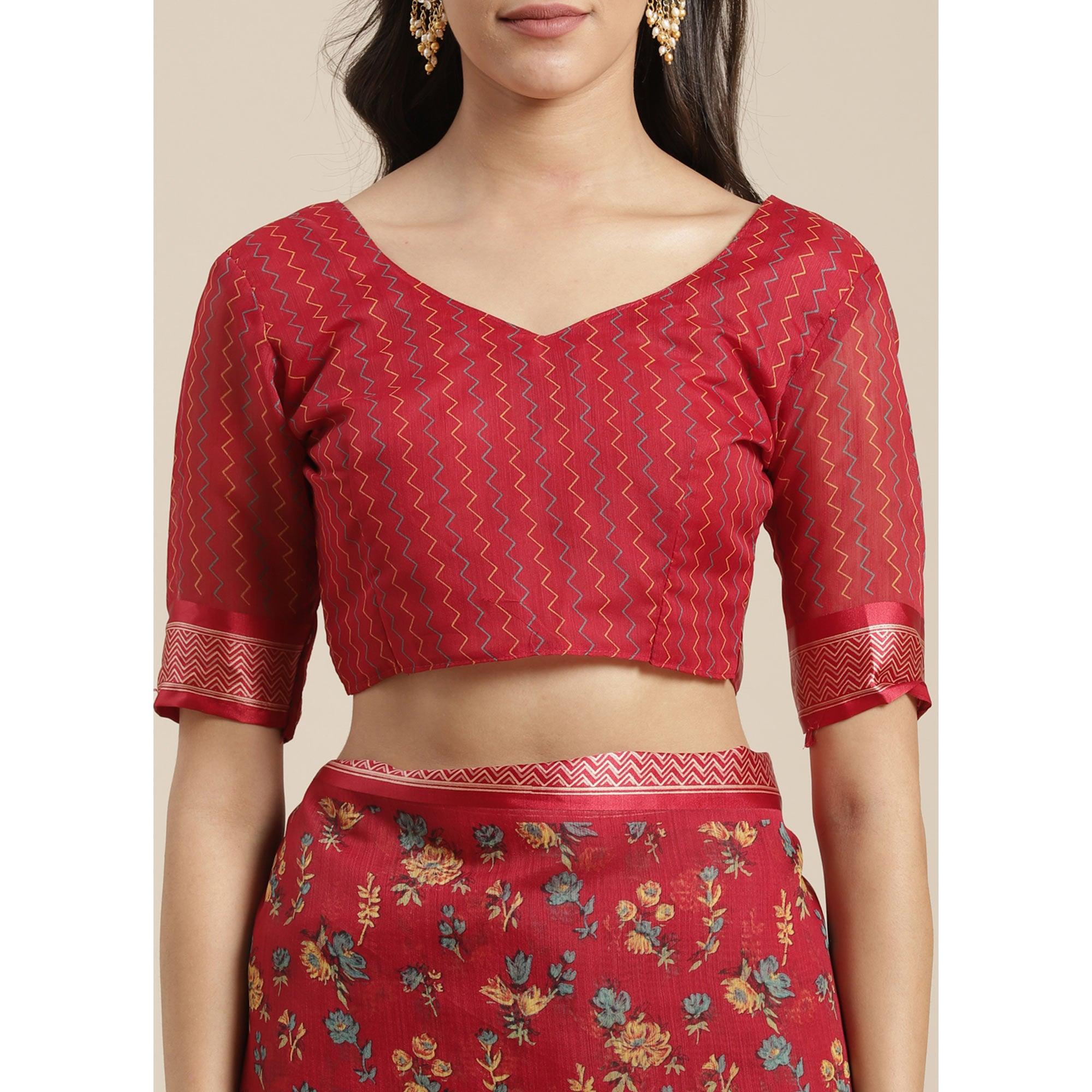 Ideal Red Colored Casual Wear Floral Printed Cotton Silk Saree - Peachmode