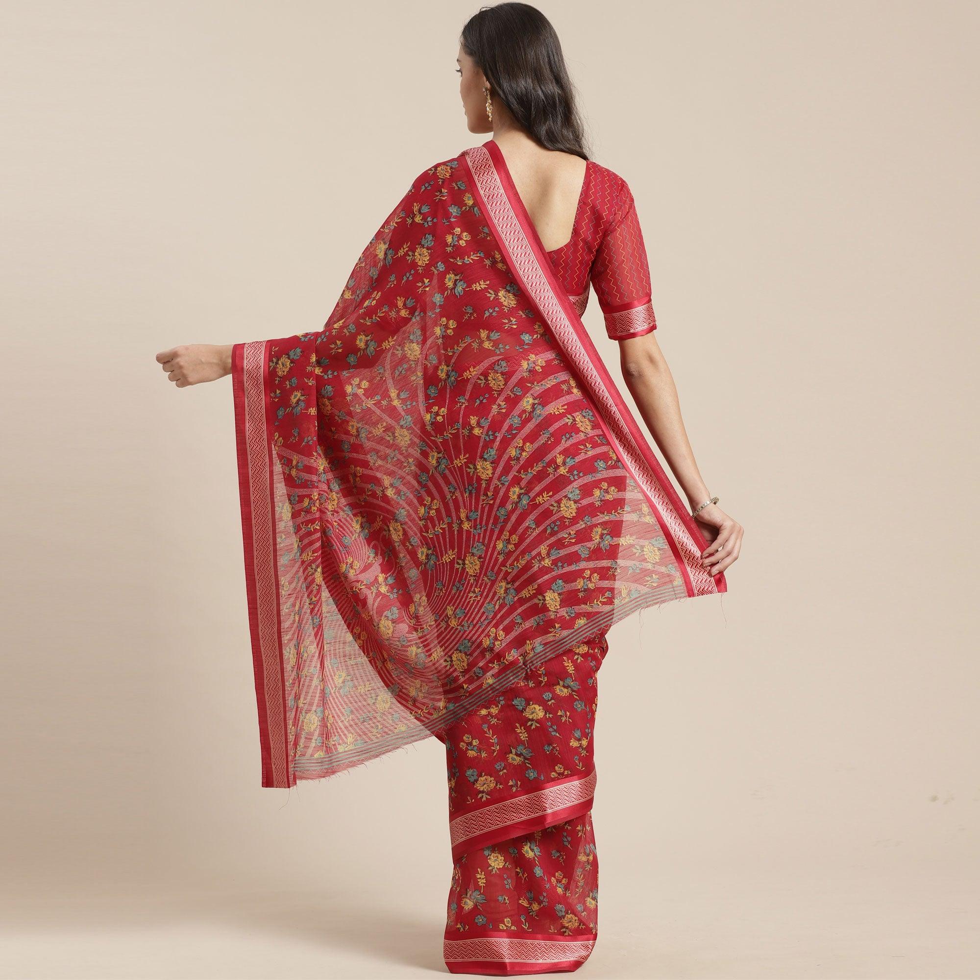 Ideal Red Colored Casual Wear Floral Printed Cotton Silk Saree - Peachmode