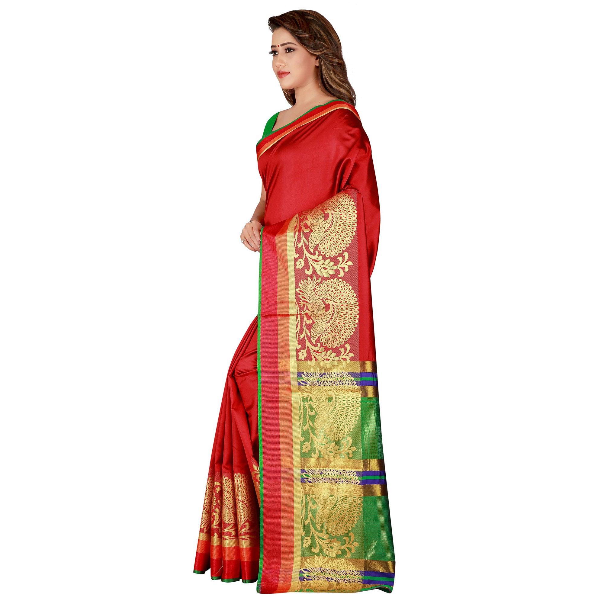 Ideal Red Colored festive Wear Silk Saree - Peachmode