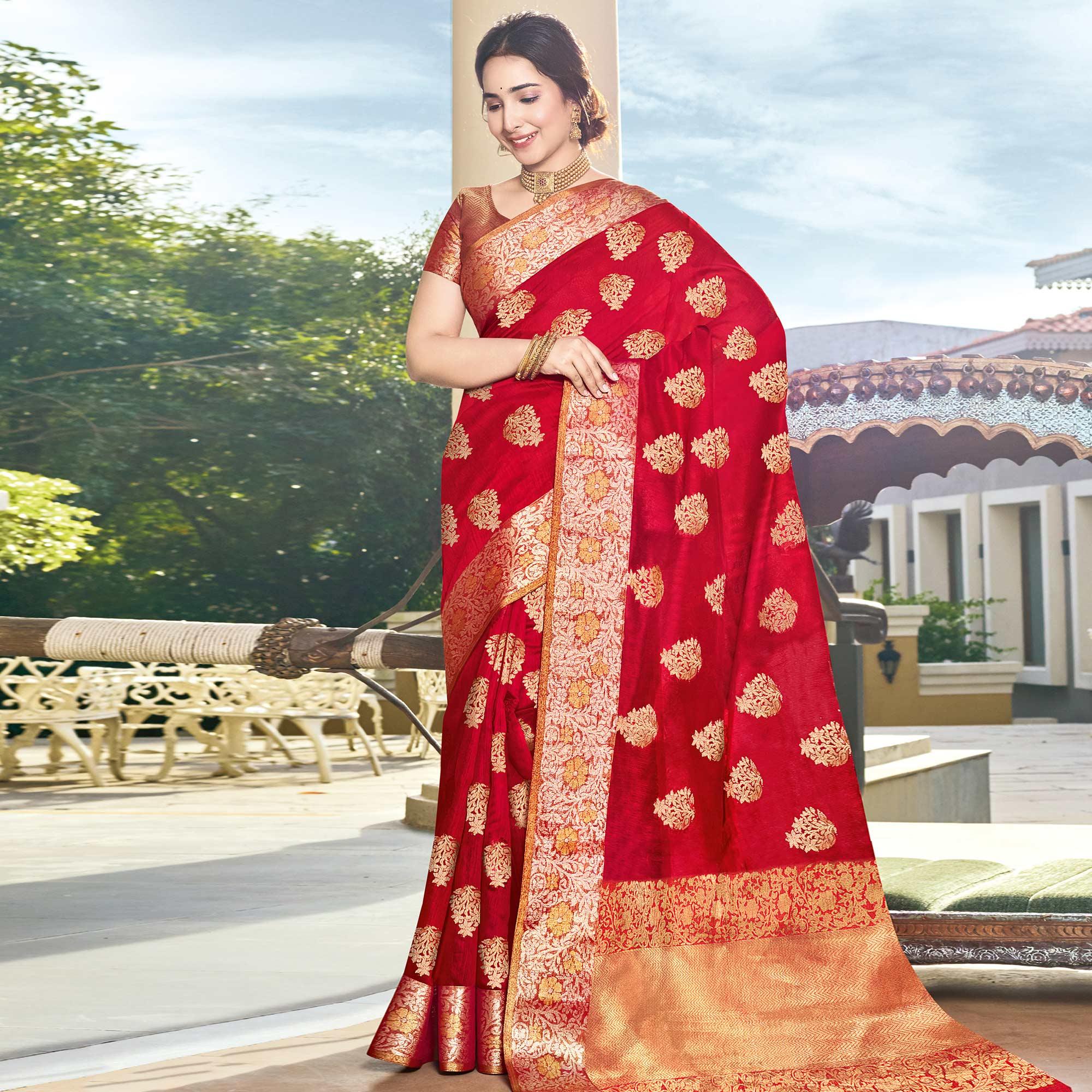 Ideal Red Colored Festive Wear Woven Silk Saree - Peachmode