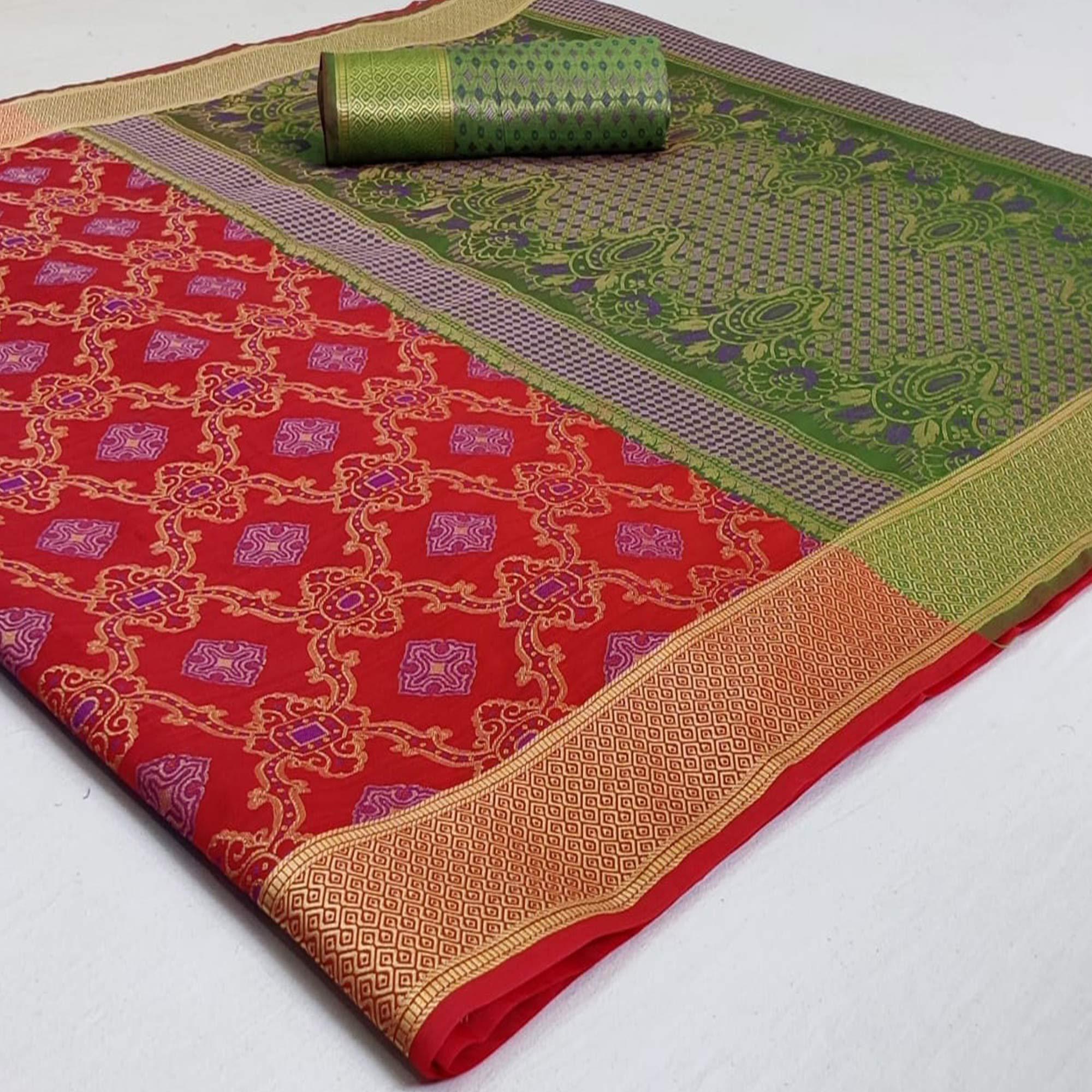 Ideal Red Colored Festive Wear Woven Silk Saree - Peachmode
