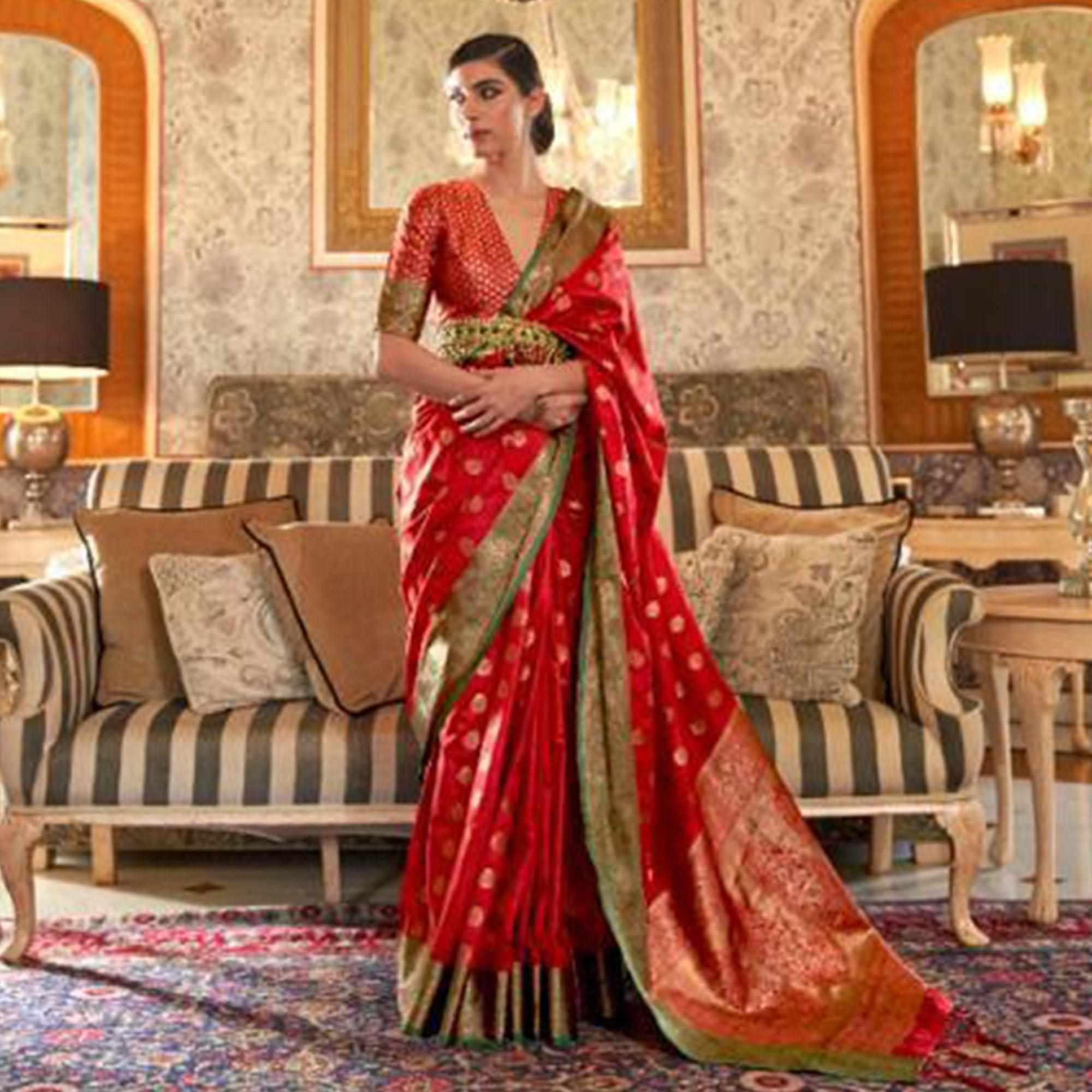 Ideal Red Colored Festive Wear Woven Silk Saree - Peachmode