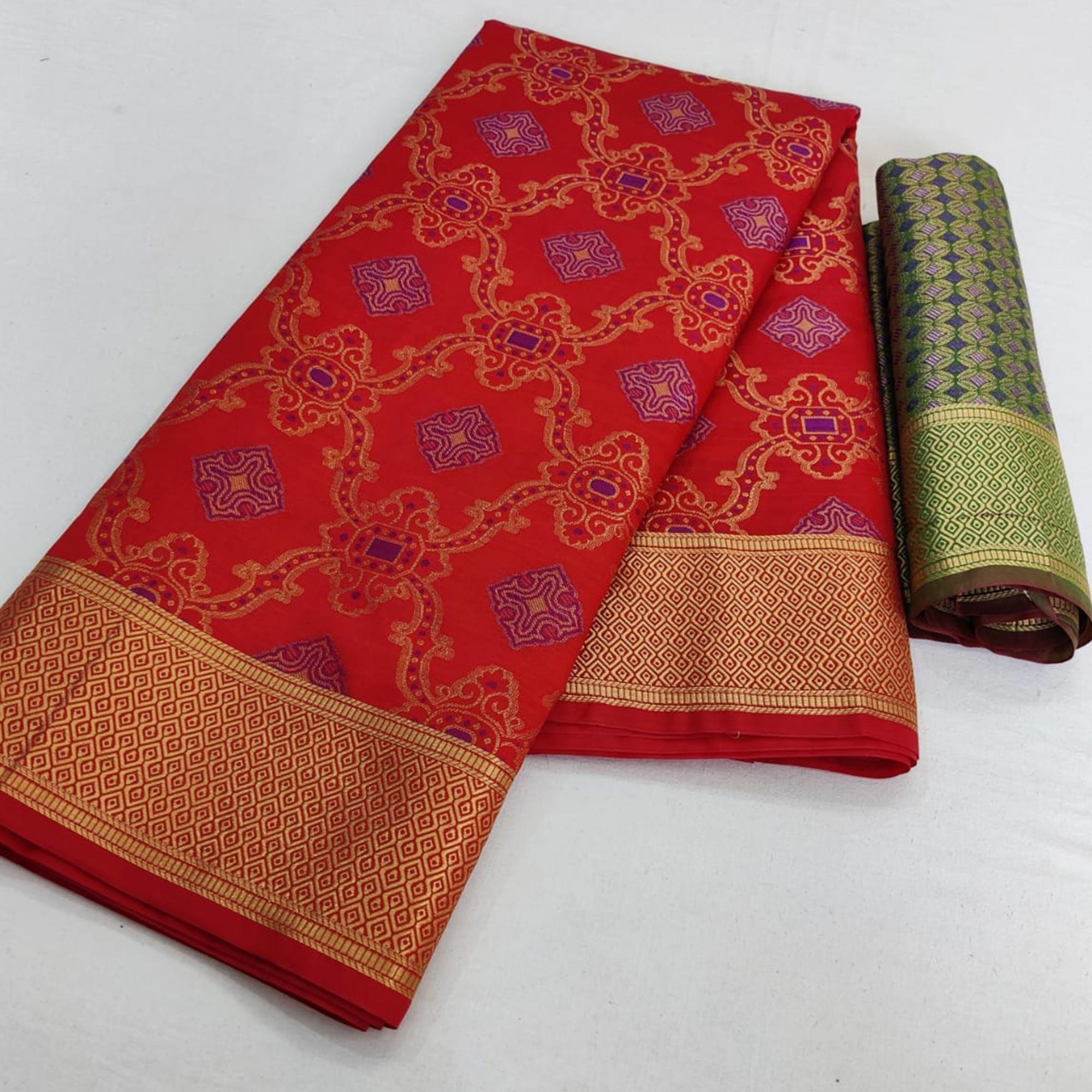 Ideal Red Colored Festive Wear Woven Silk Saree - Peachmode