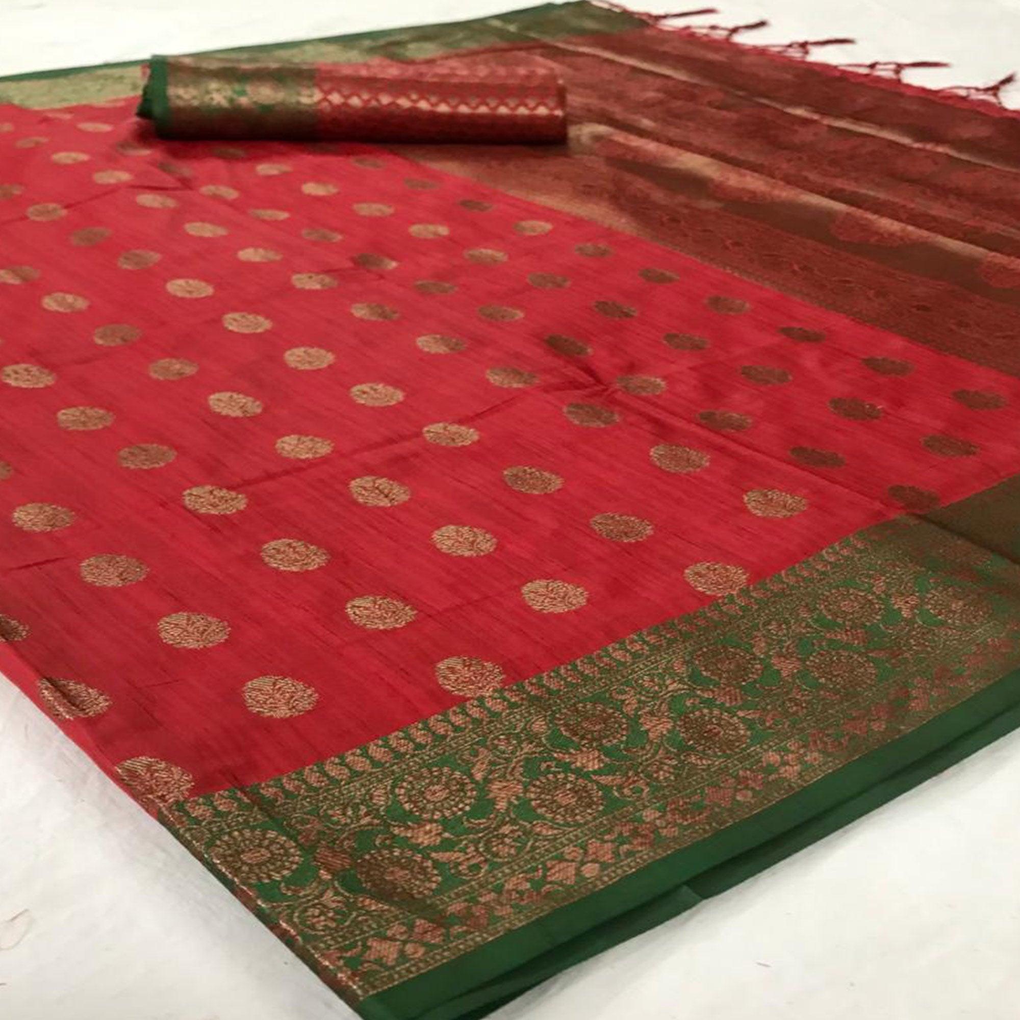 Ideal Red Colored Festive Wear Woven Silk Saree - Peachmode