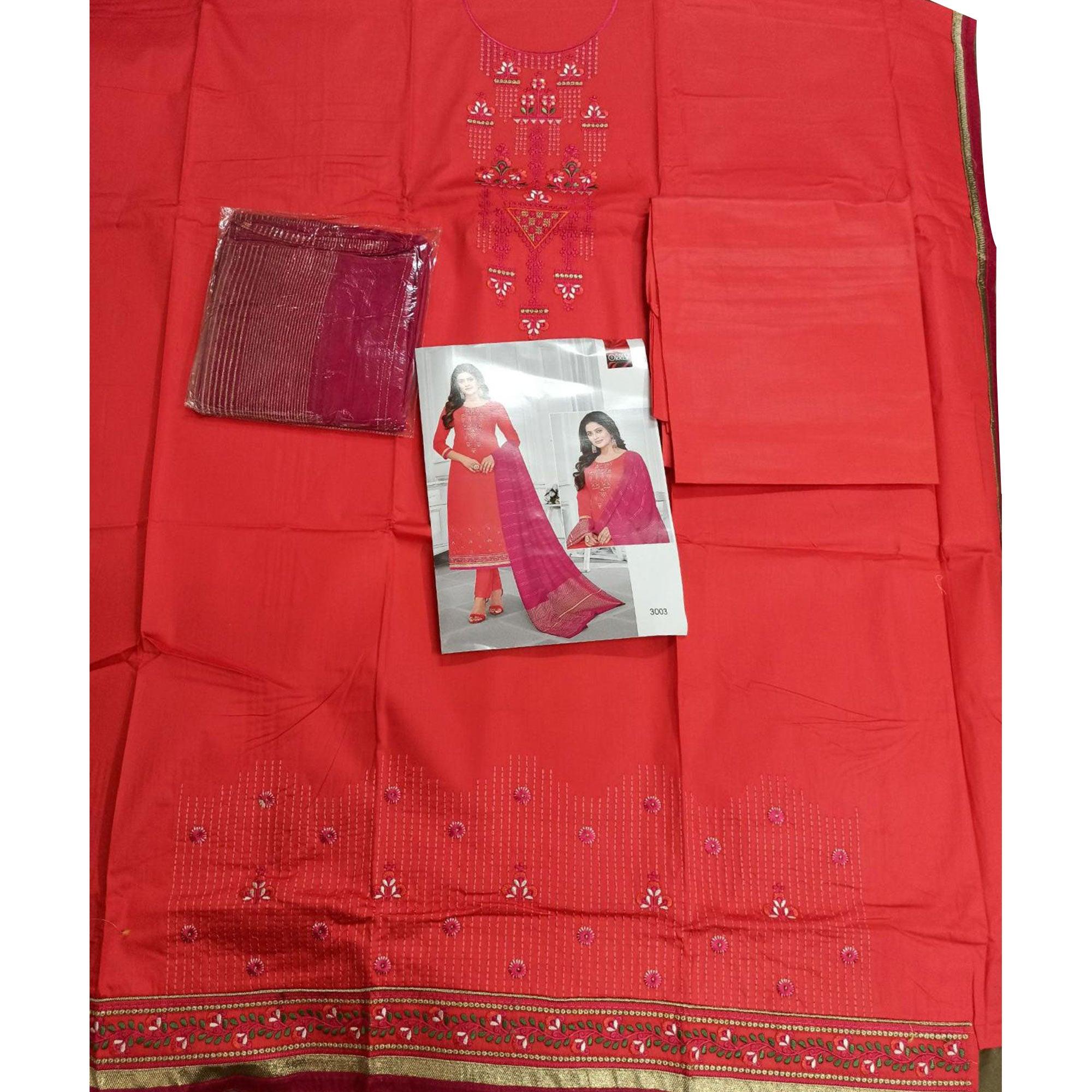 Ideal Red-Orange Colored Partywear Designer Embroidery Cotton Salwar Suit - Peachmode