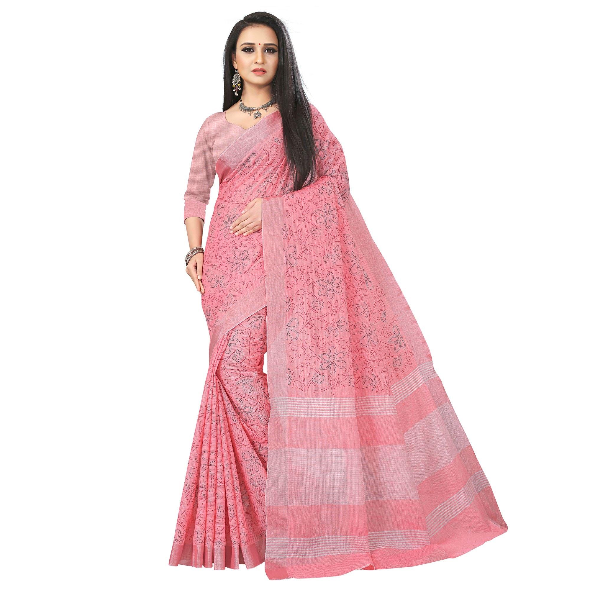 Ideal Rose Pink Colored Party Wear Block Print Linen Saree - Peachmode