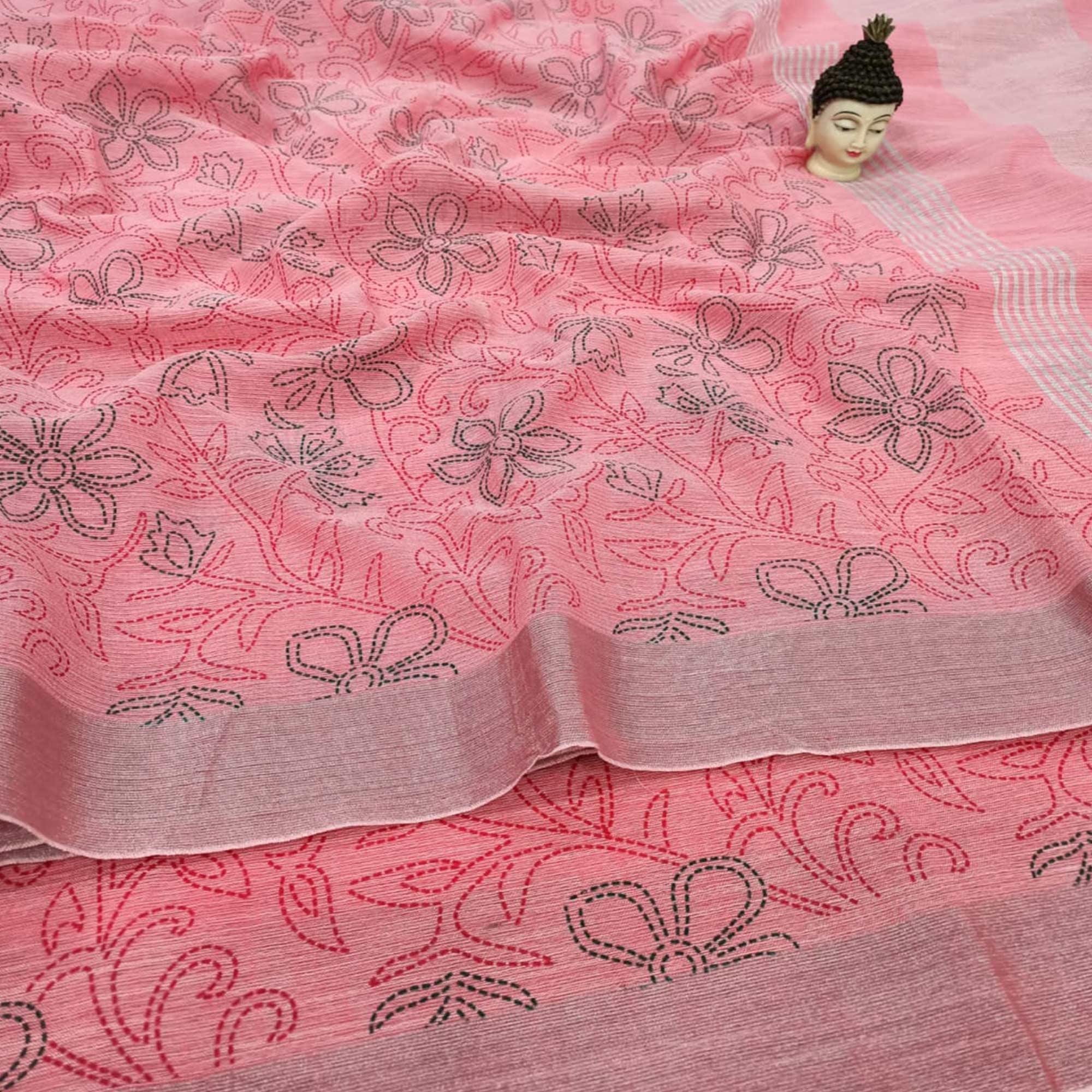 Ideal Rose Pink Colored Party Wear Block Print Linen Saree - Peachmode