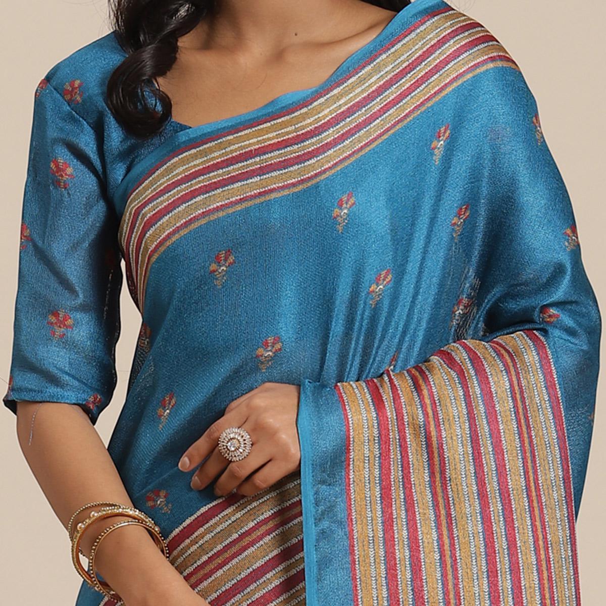 Ideal Teal Blue Colored Casual Wear Printed Jute Silk Saree - Peachmode