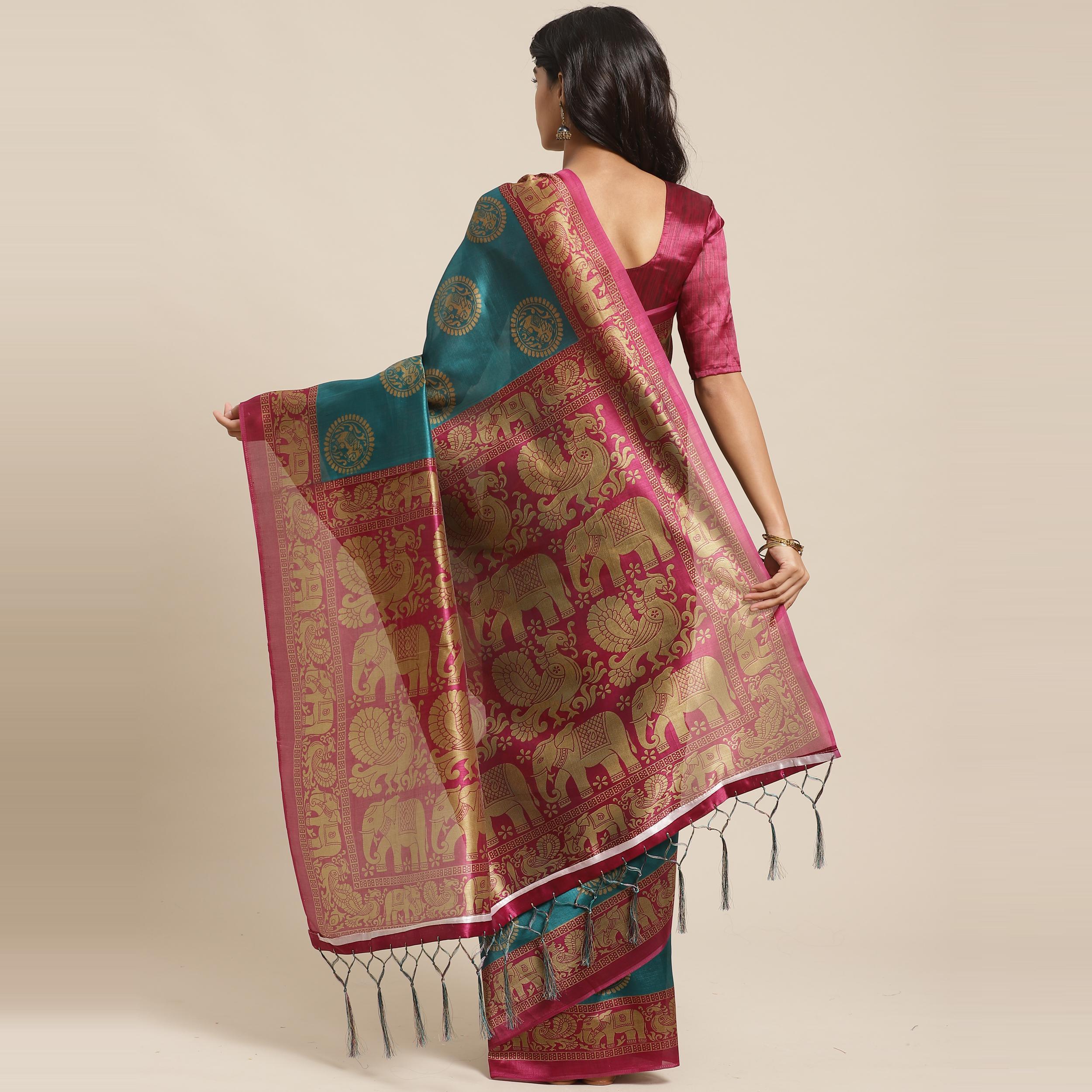 Ideal Teal Green Colored Casual Wear Printed Art Silk Saree - Peachmode