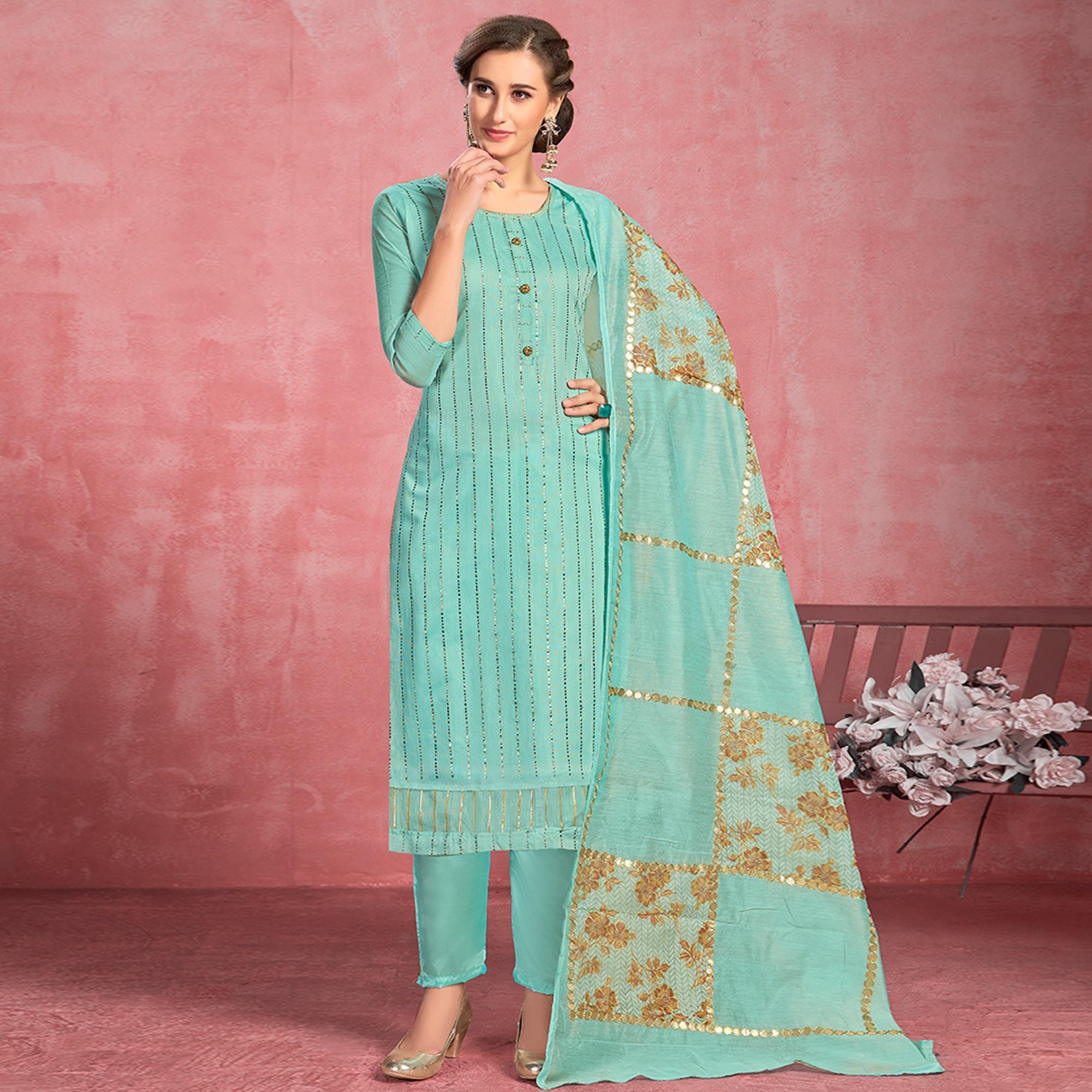 Ideal Turquoise Blue Colored Partywear Embroidered Pure Cotton Dress Material - Peachmode