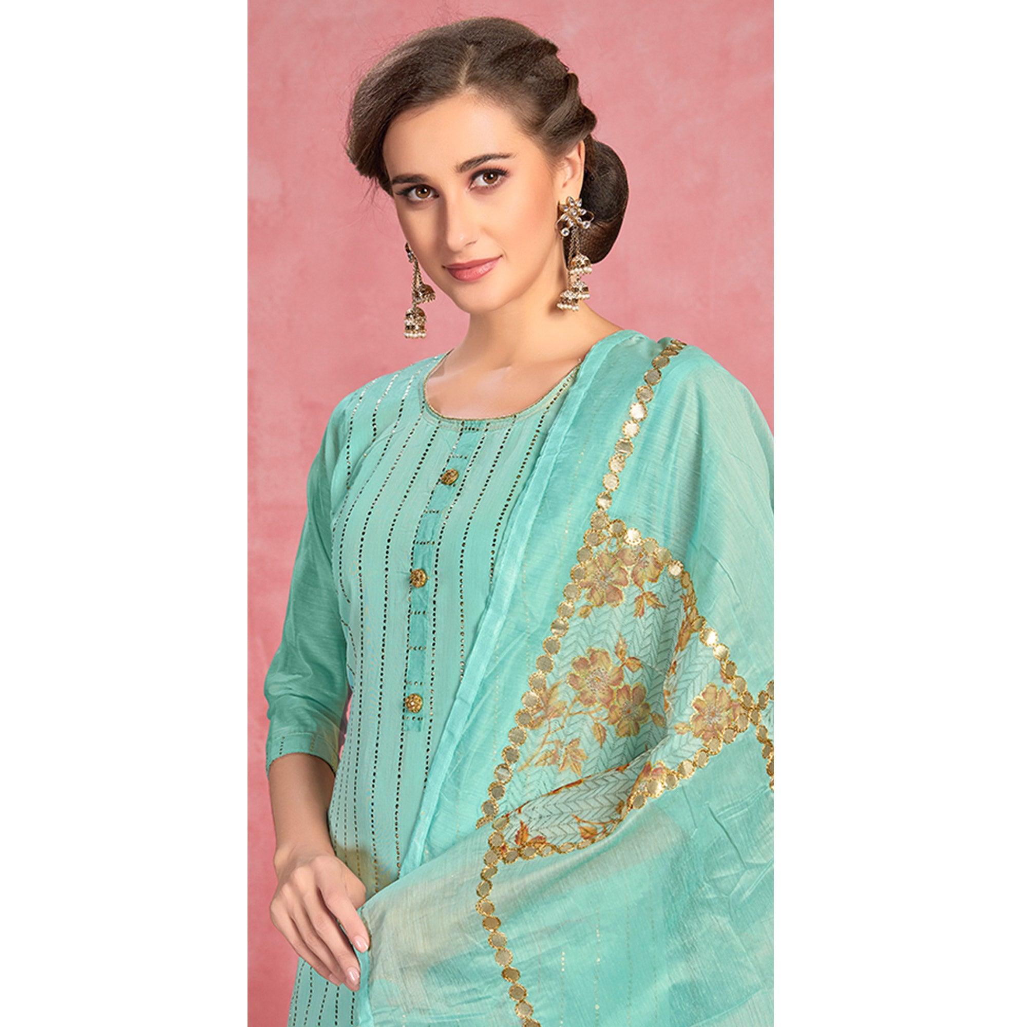 Ideal Turquoise Blue Colored Partywear Embroidered Pure Cotton Dress Material - Peachmode