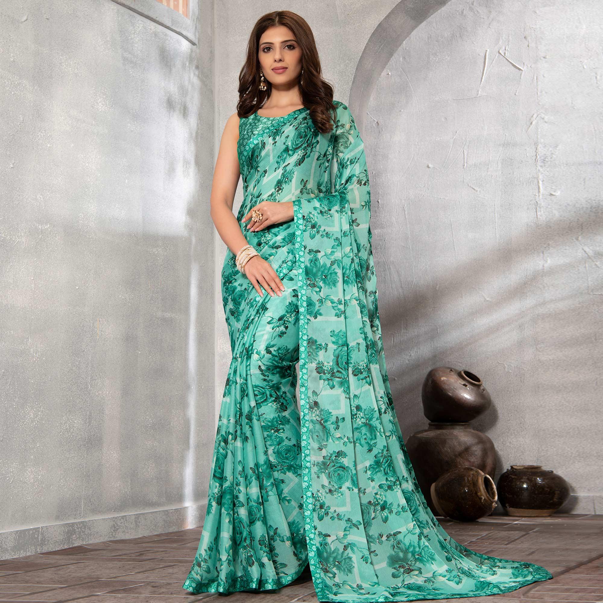 Ideal Turquoise Green Colored Casual Floral Printed Chiffon Saree - Peachmode