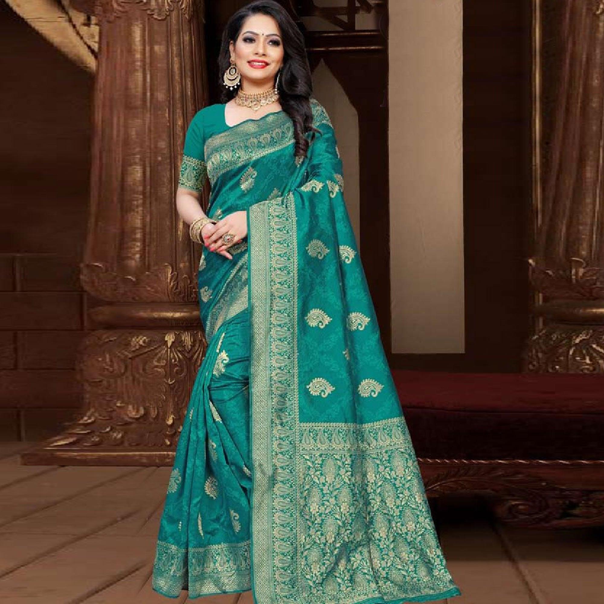 Ideal Turquoise Green Colored Festive Wear Woven Art Silk Saree - Peachmode