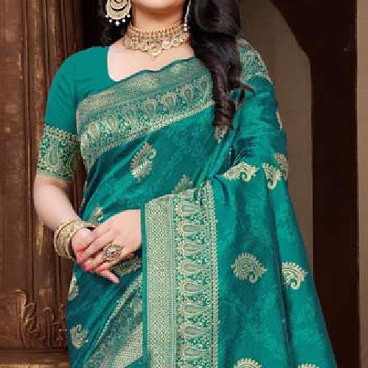 Ideal Turquoise Green Colored Festive Wear Woven Art Silk Saree - Peachmode