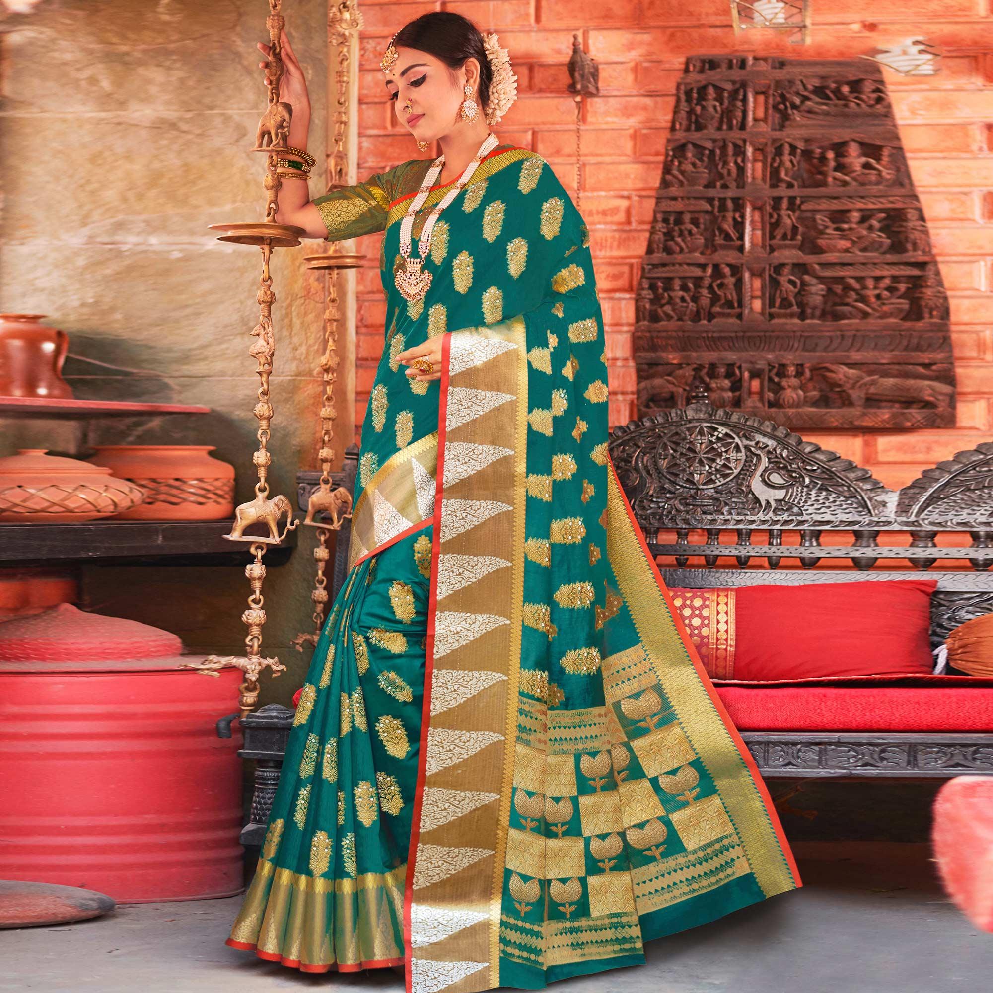 Ideal Turquoise Green Colored Festive Wear Woven Cotton Handloom Saree - Peachmode