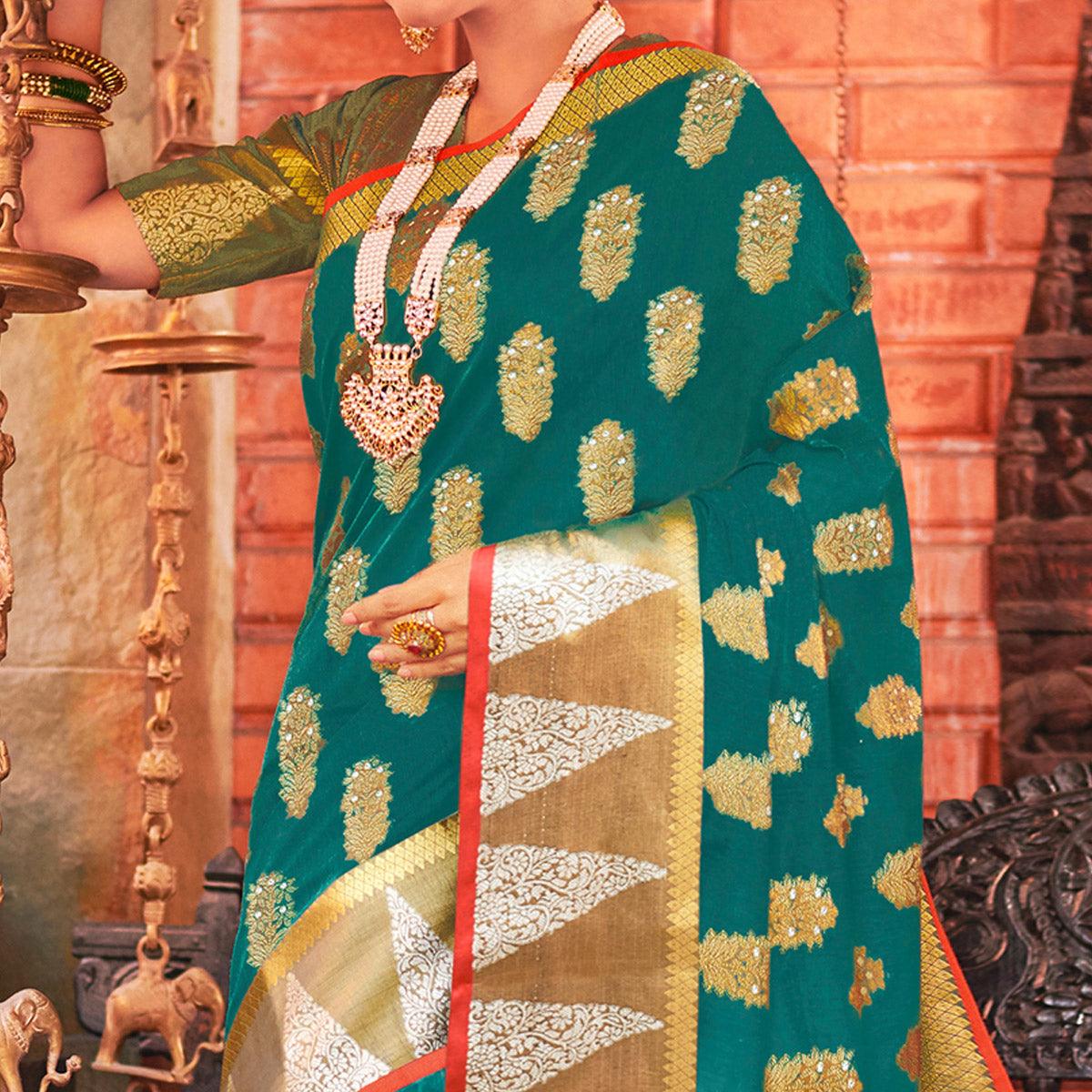 Ideal Turquoise Green Colored Festive Wear Woven Cotton Handloom Saree - Peachmode