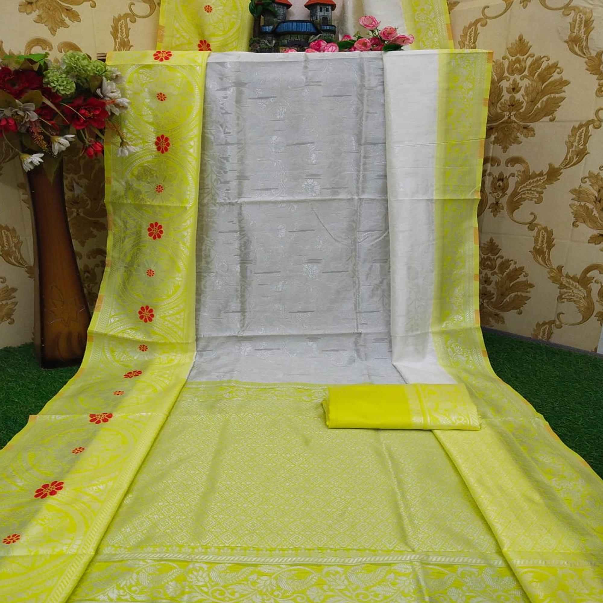 Ideal White - Lemon Yellow Colored Festive Wear Woven Pure Heavy Banarasi Silk Saree - Peachmode