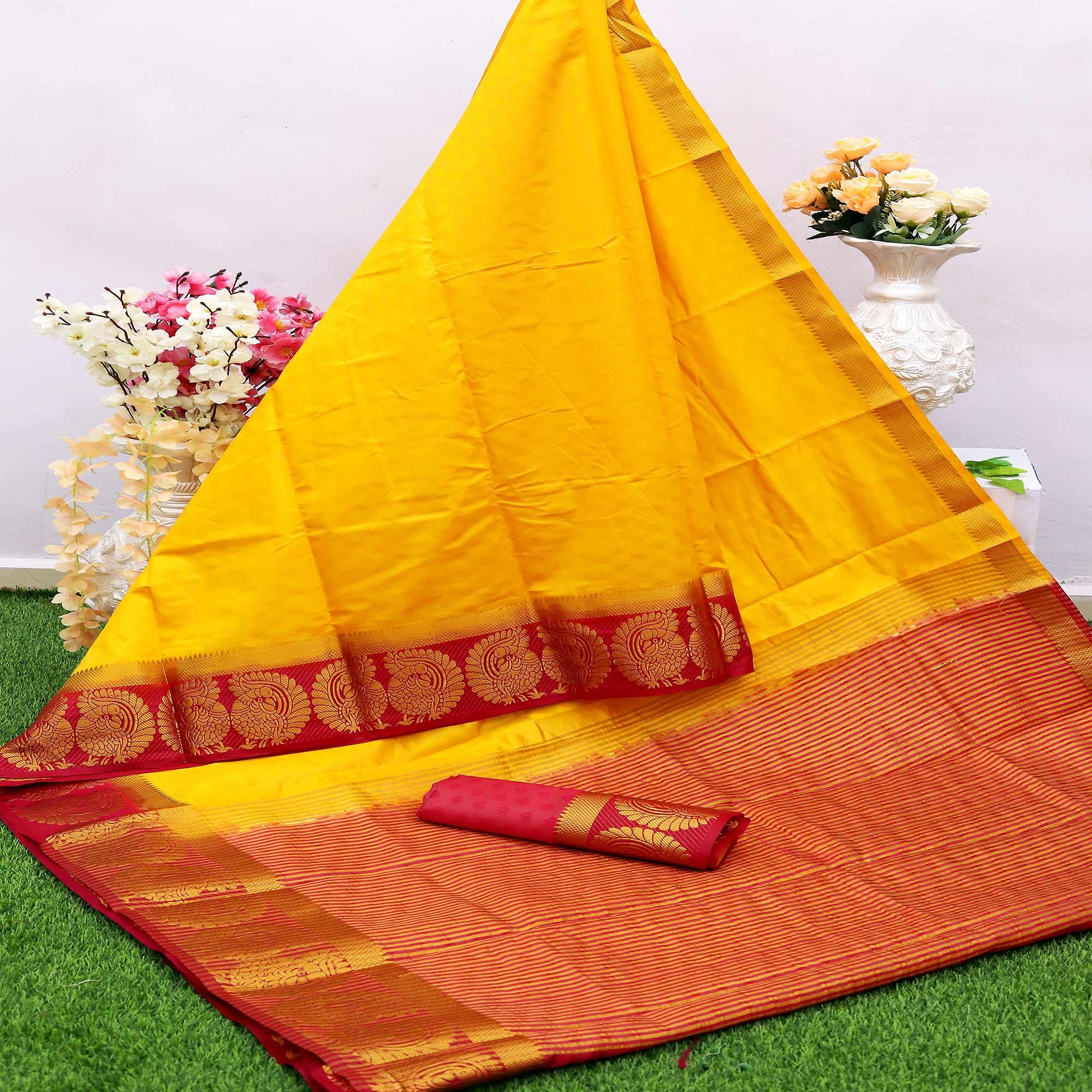 Ideal Yellow Colored Festive Wear Woven Nylon Silk Saree - Peachmode