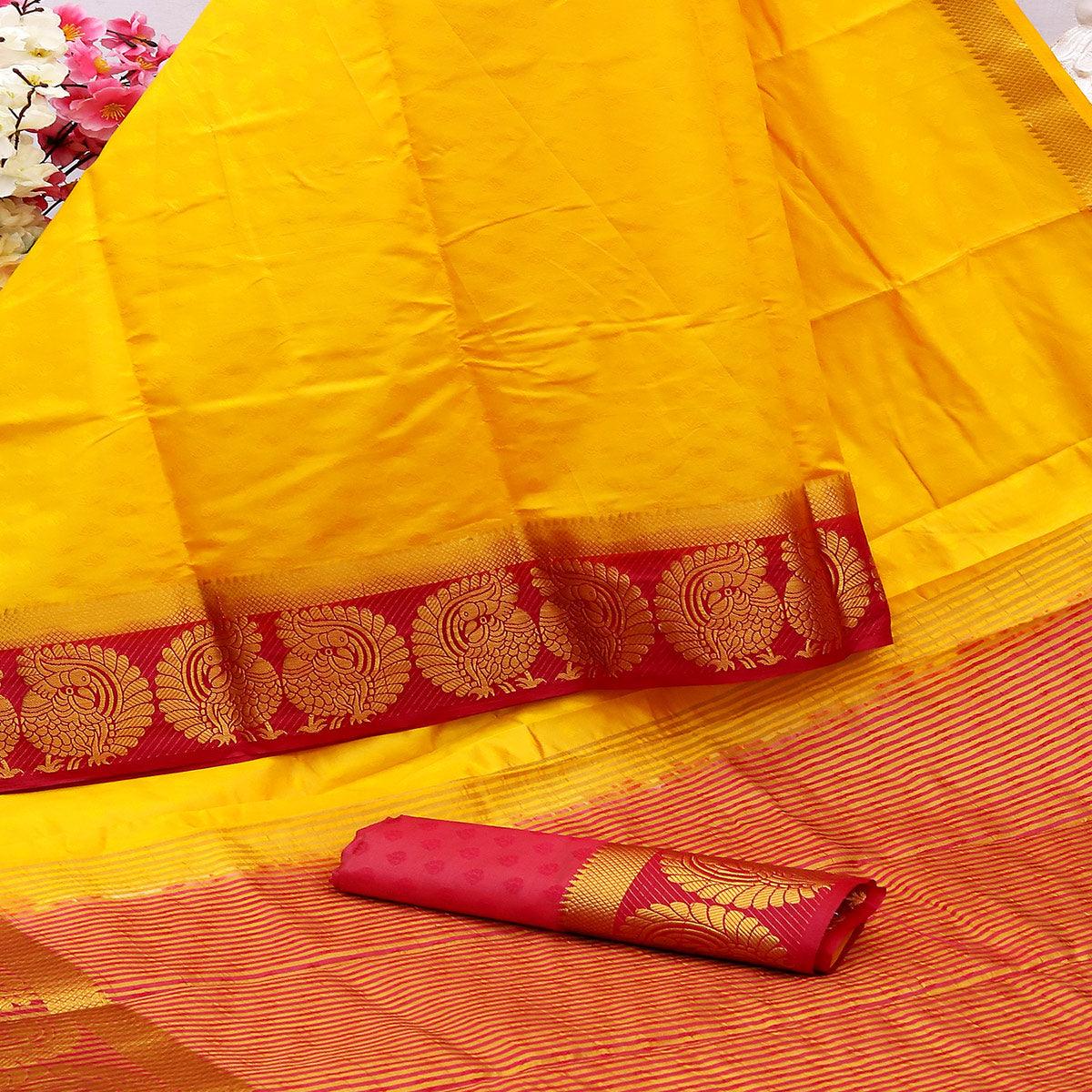 Ideal Yellow Colored Festive Wear Woven Nylon Silk Saree - Peachmode