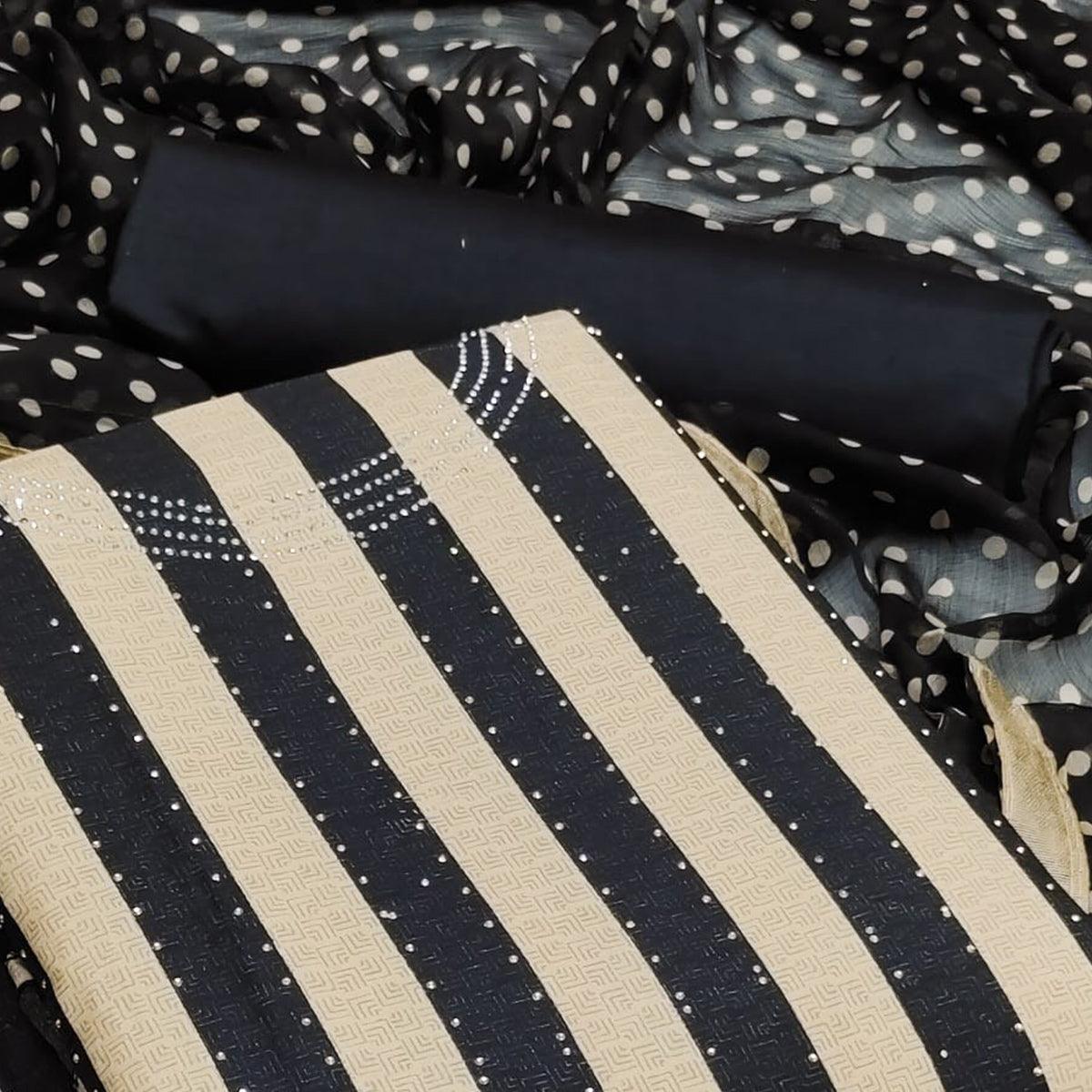 Imposing Beige - Black Colored Casual Wear Embroidered Chanderi Dress Material - Peachmode