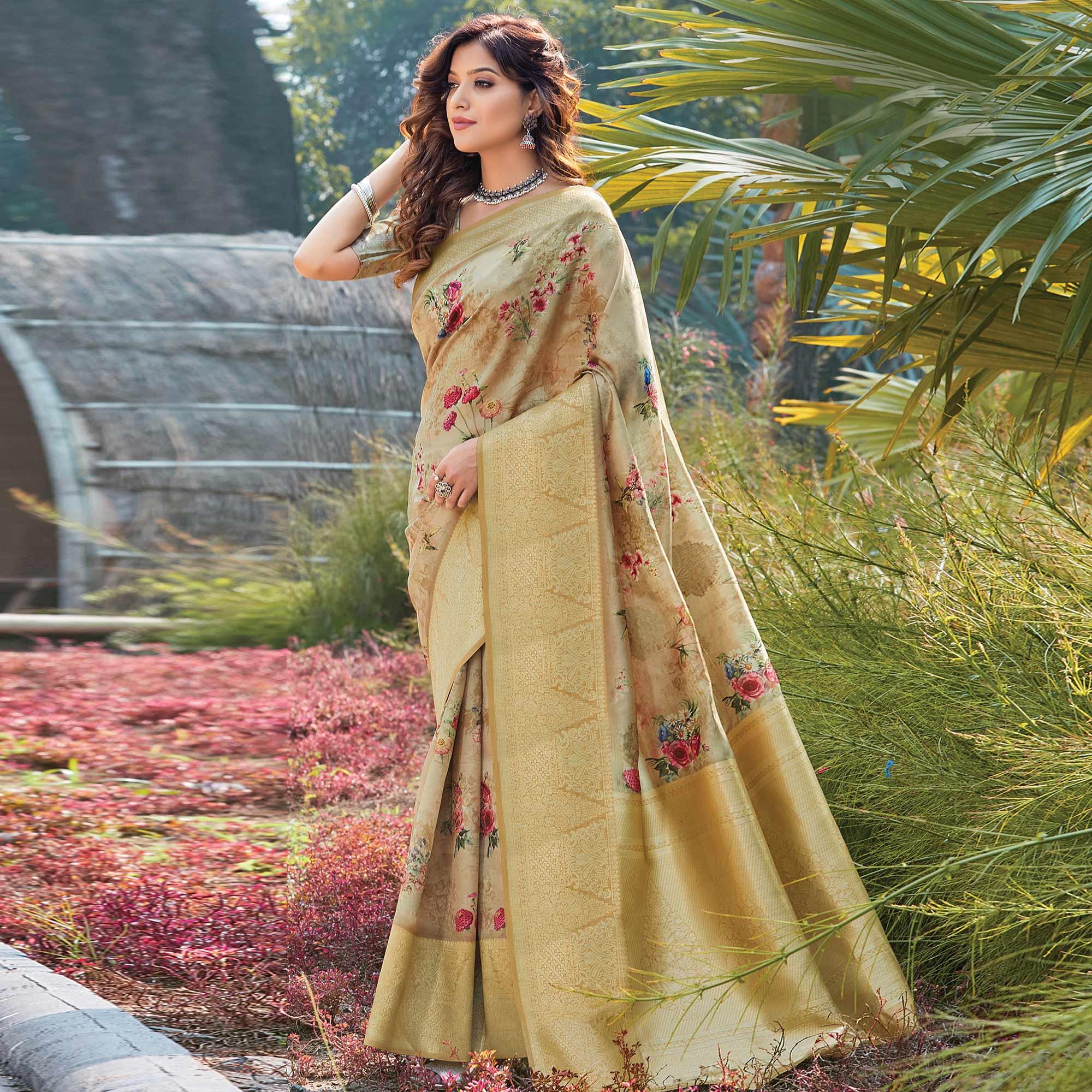 Imposing Beige Colored Festive Wear Digital Printed Silk Saree - Peachmode