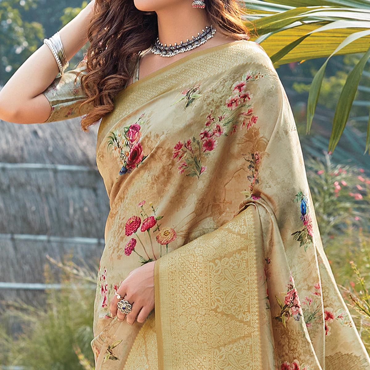 Imposing Beige Colored Festive Wear Digital Printed Silk Saree - Peachmode