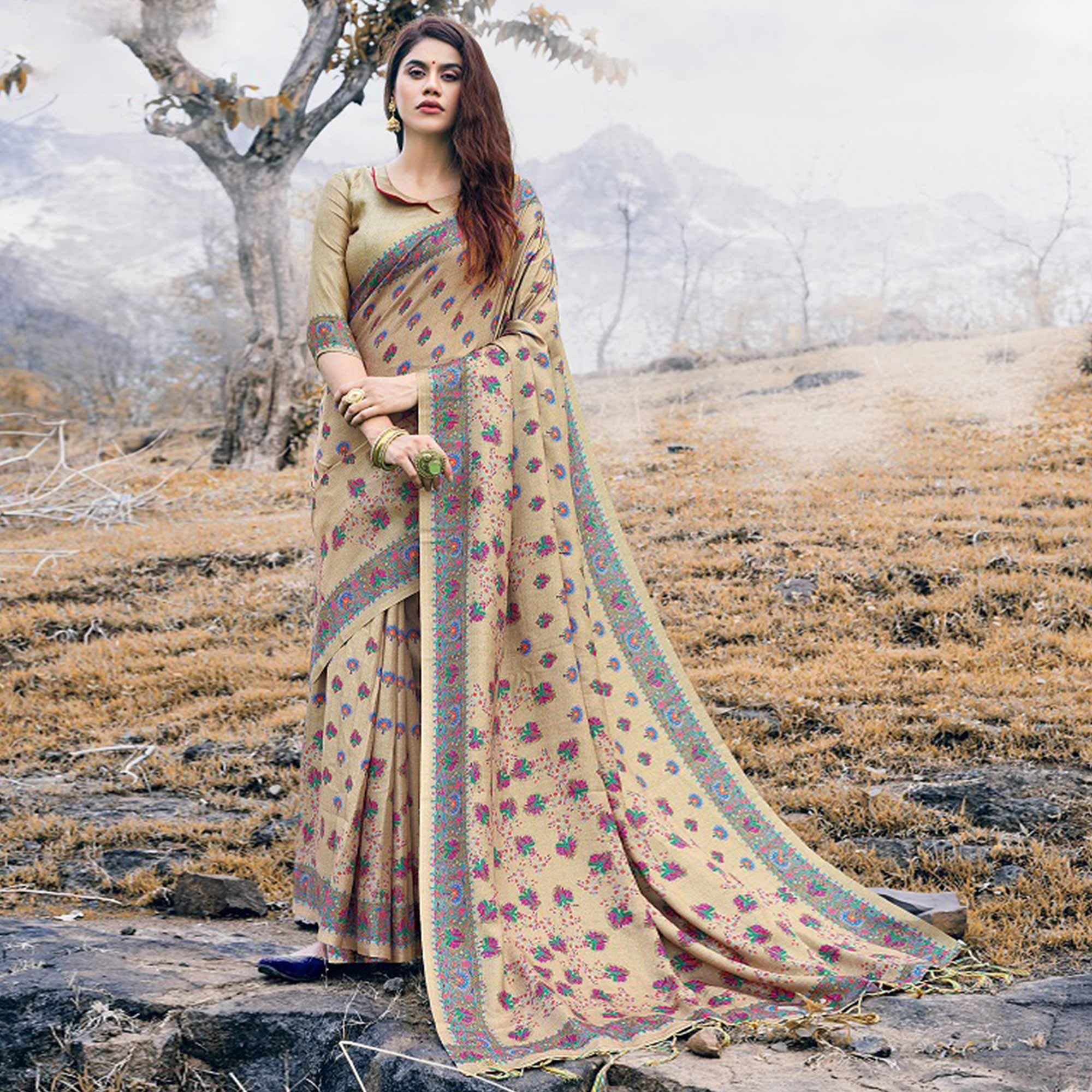 Imposing Beige Colored Festive Wear Printed Art Silk Saree - Peachmode