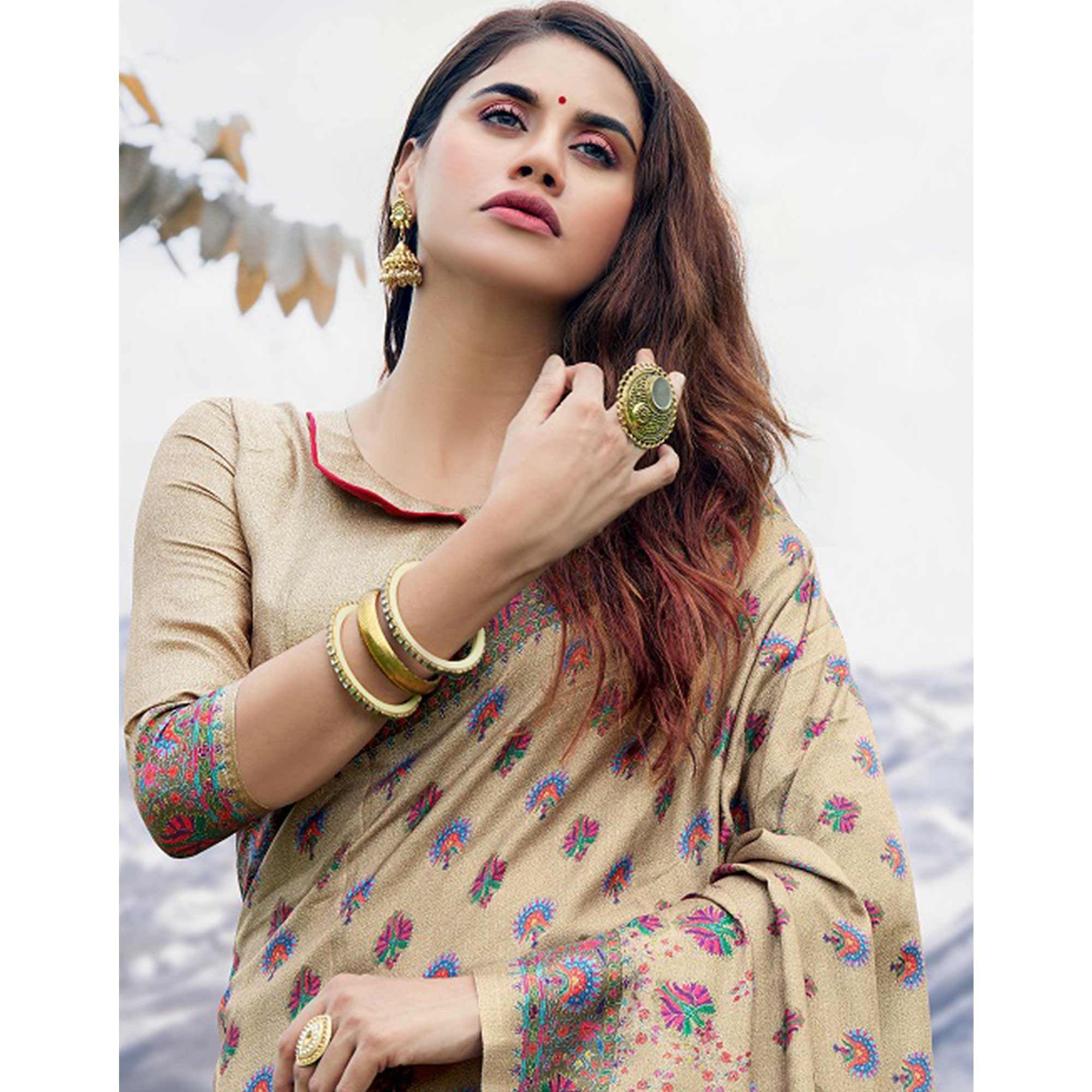 Imposing Beige Colored Festive Wear Printed Art Silk Saree - Peachmode