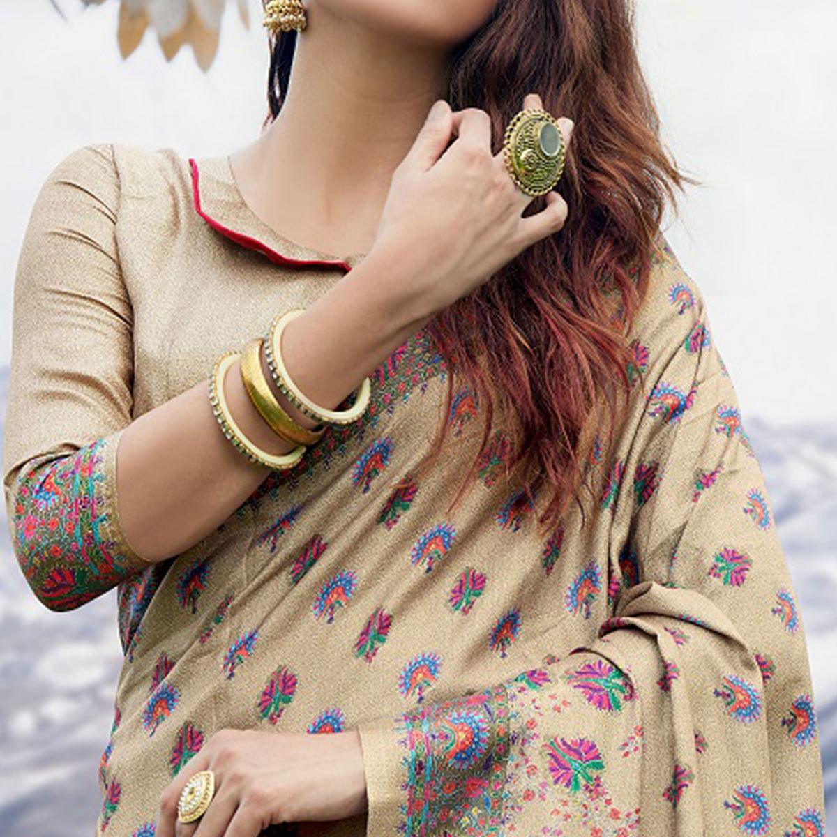 Imposing Beige Colored Festive Wear Printed Art Silk Saree - Peachmode