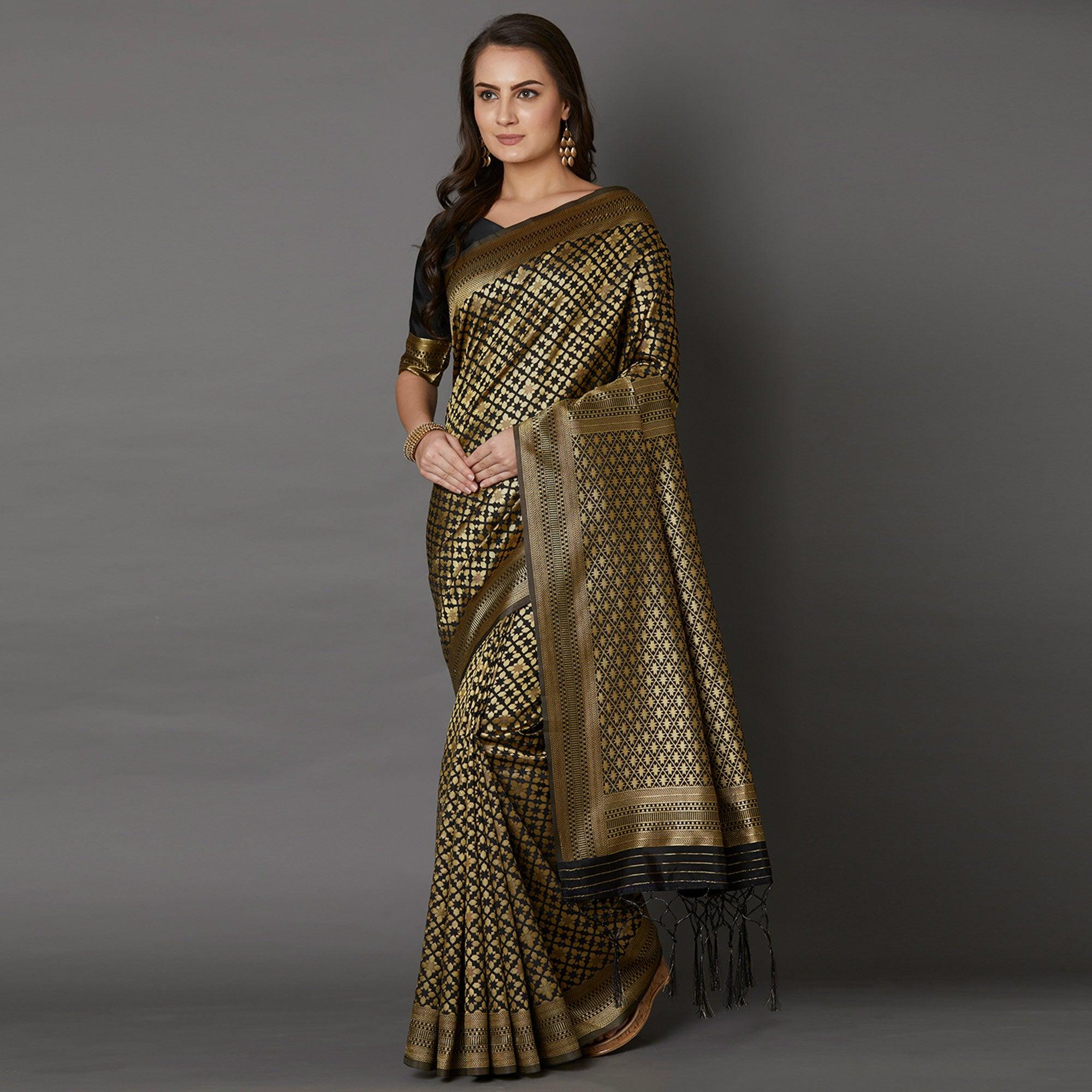 Imposing Black Colored Festive Wear Woven Silk Saree - Peachmode