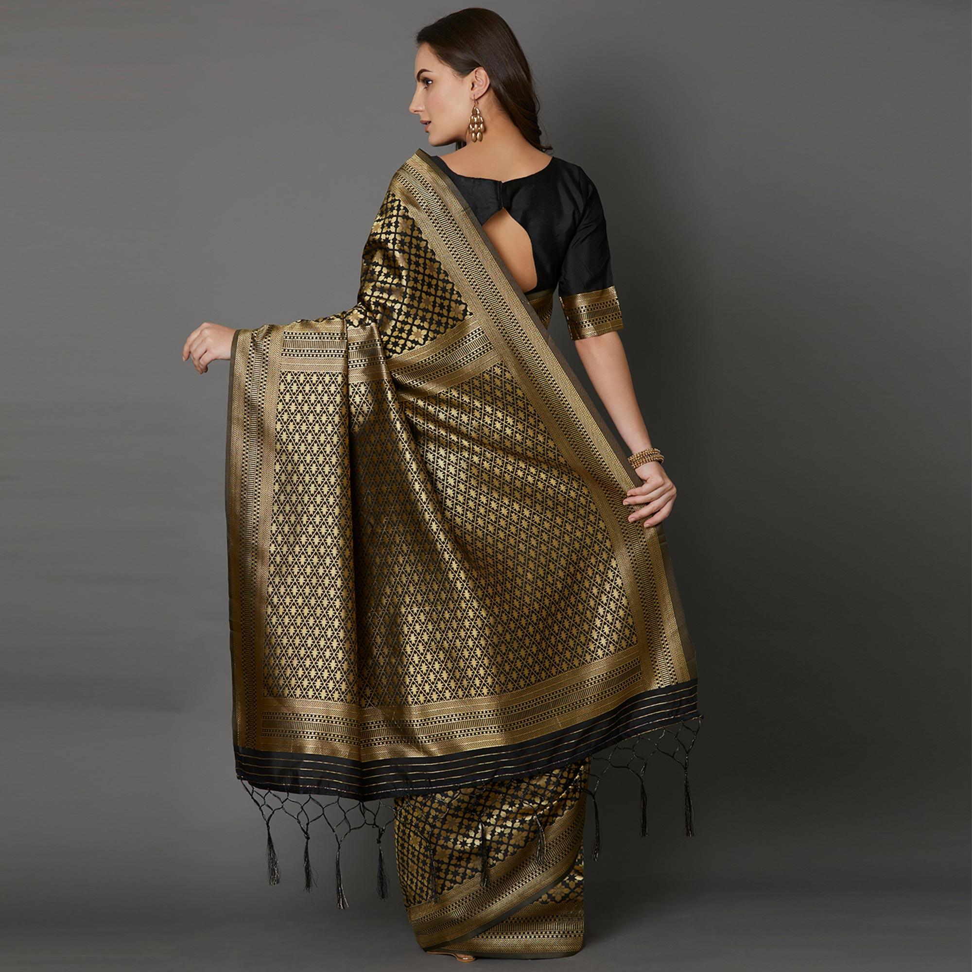 Imposing Black Colored Festive Wear Woven Silk Saree - Peachmode