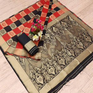 Imposing Black - Red Colored Festive Wear Woven Art Silk Saree - Peachmode