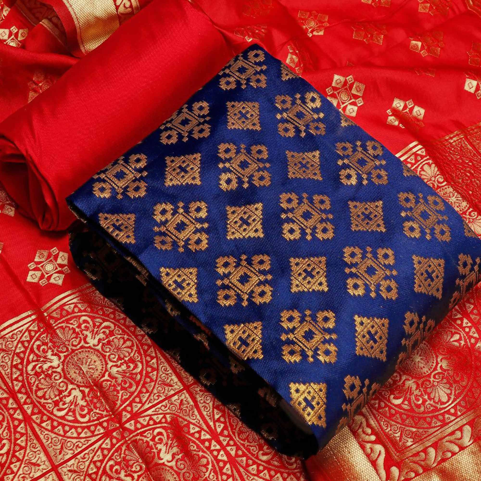 Imposing Blue Colored Casual Wear Banarasi Silk Dress Material - Peachmode