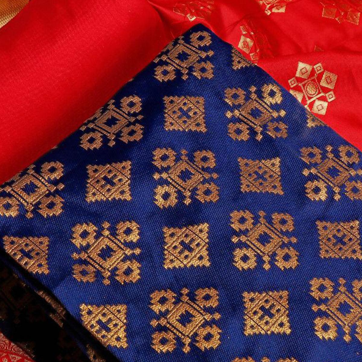 Imposing Blue Colored Casual Wear Banarasi Silk Dress Material - Peachmode