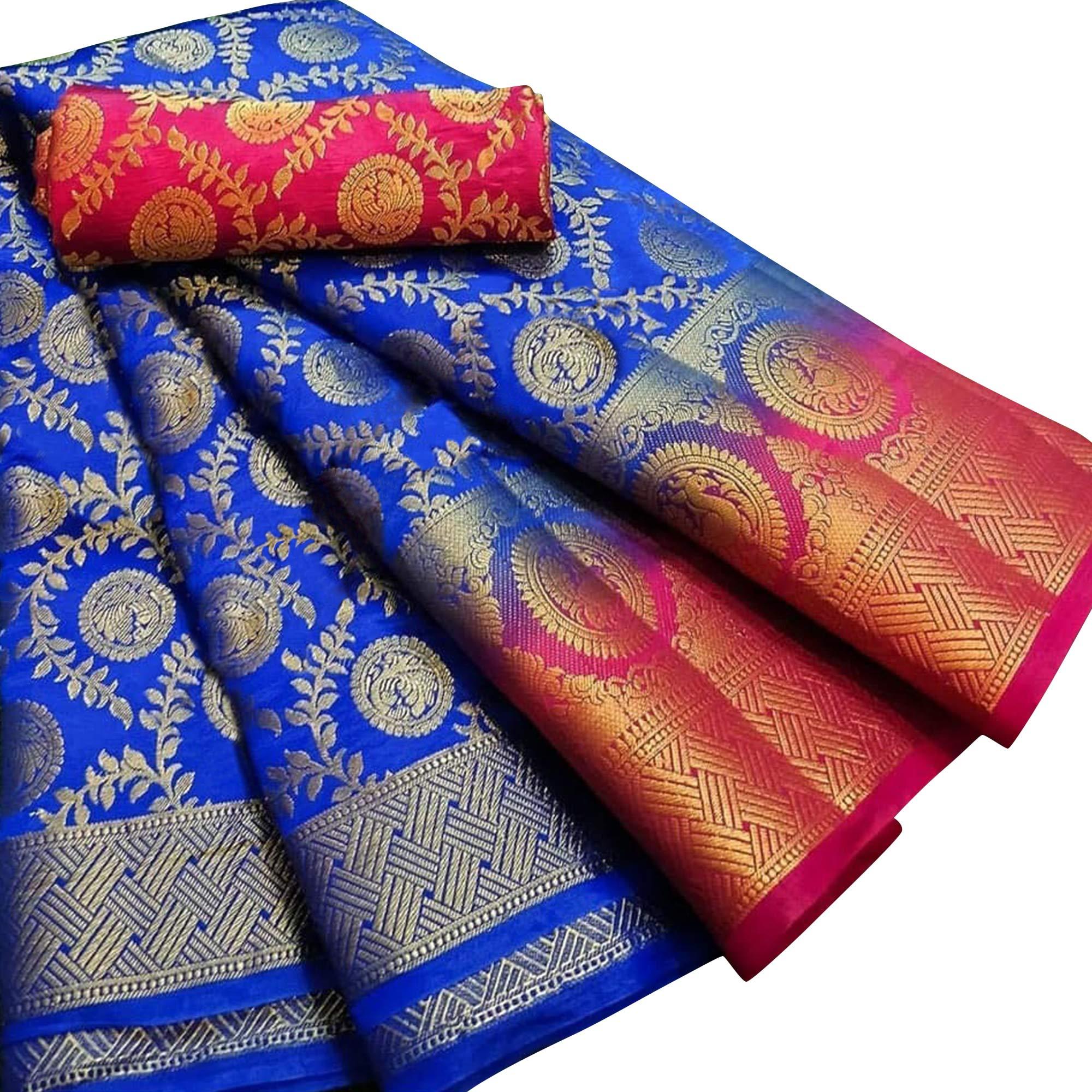 Imposing Blue Colored Festive Wear Woven Silk Blend Saree - Peachmode