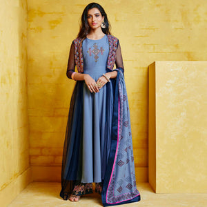 Imposing Blue Colored Partywear Embroidered Muslin Palazzo Suit - Peachmode