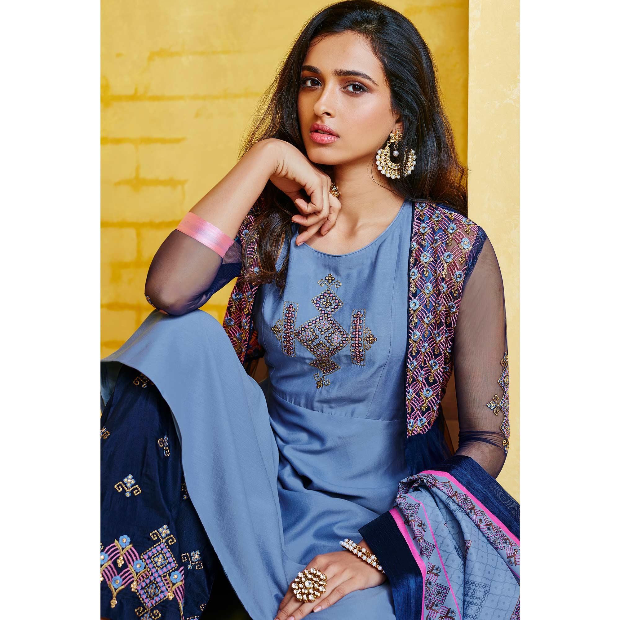Imposing Blue Colored Partywear Embroidered Muslin Palazzo Suit - Peachmode