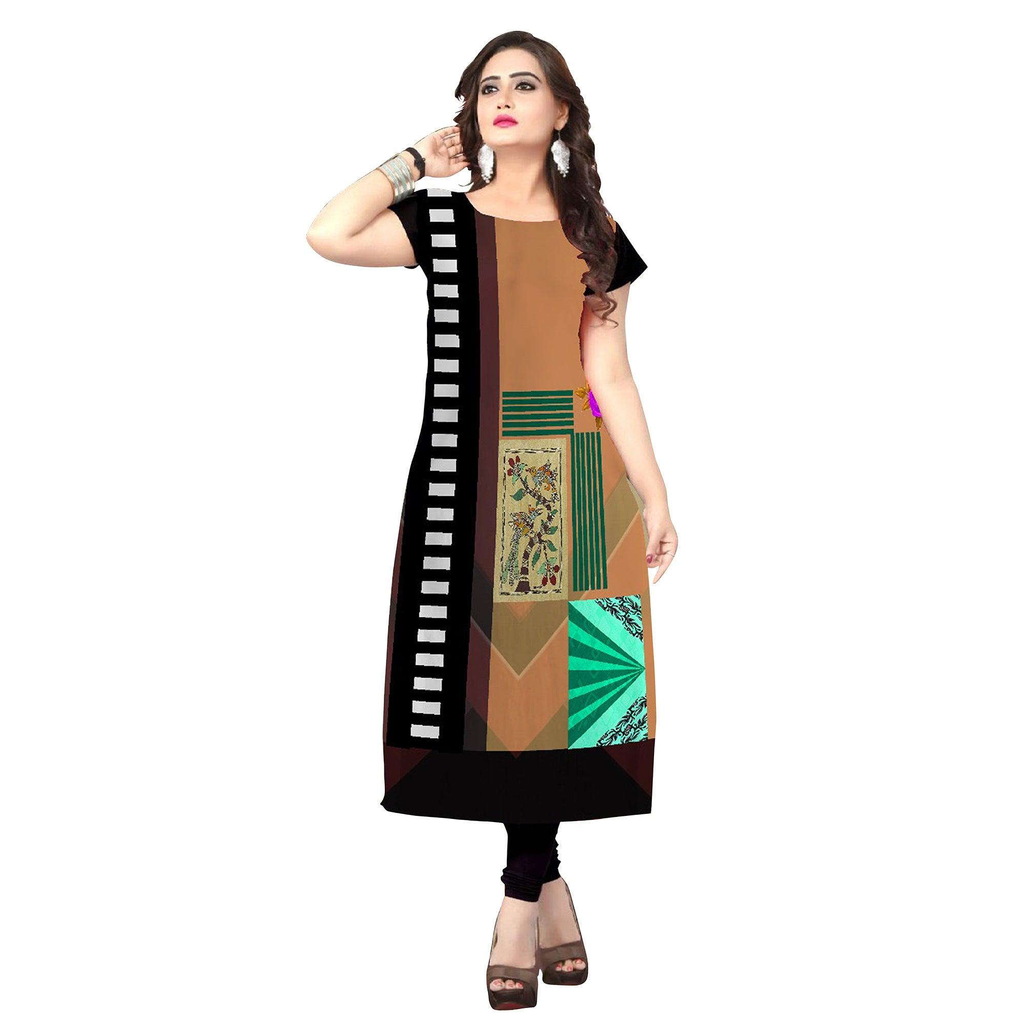Imposing Brown Colored Casual Printed Crepe Kurti - Peachmode